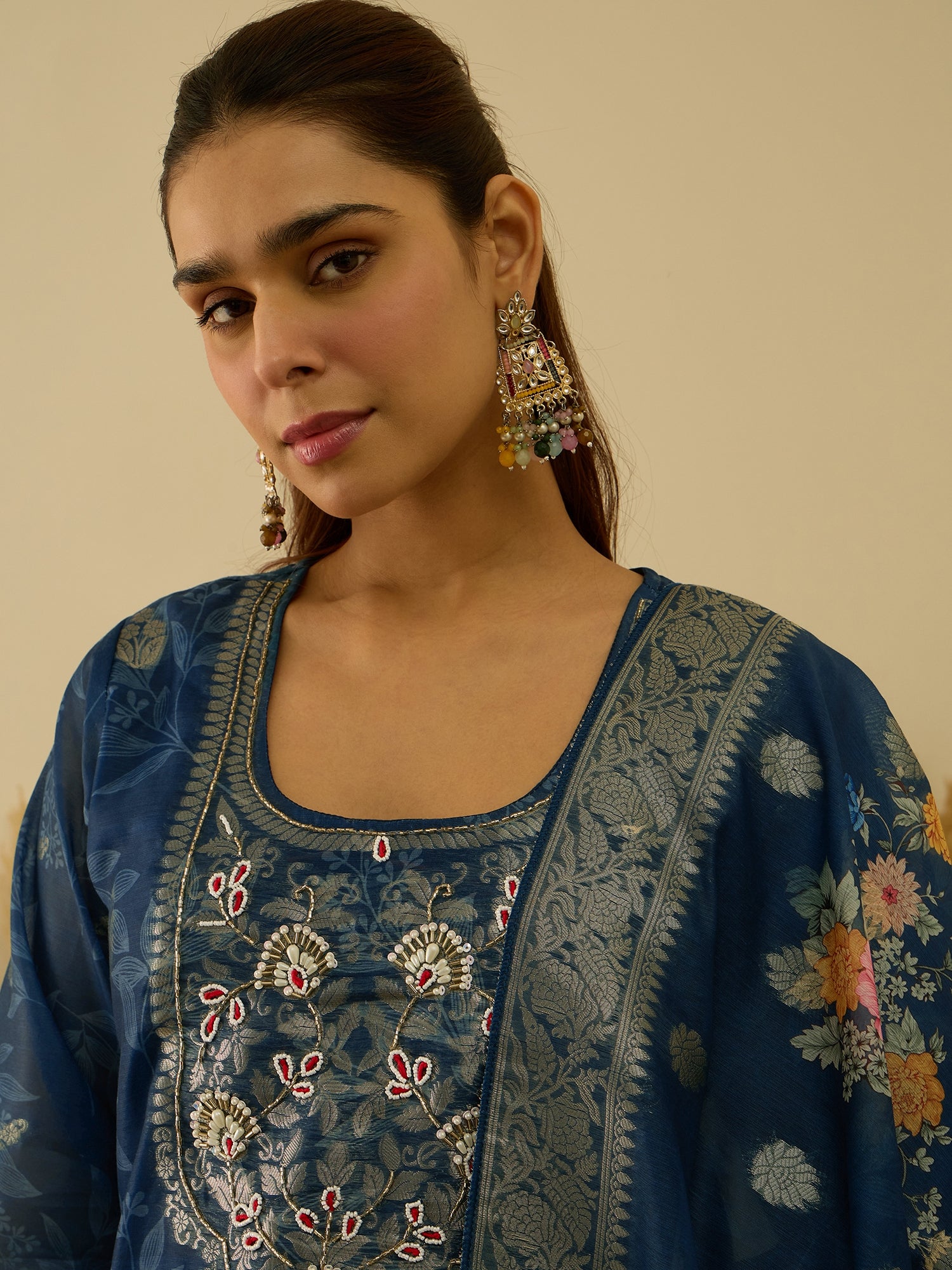 VredeVogel Teal Silk Blend Embroidered Straight Kurta Set with Trousers & Dupatta