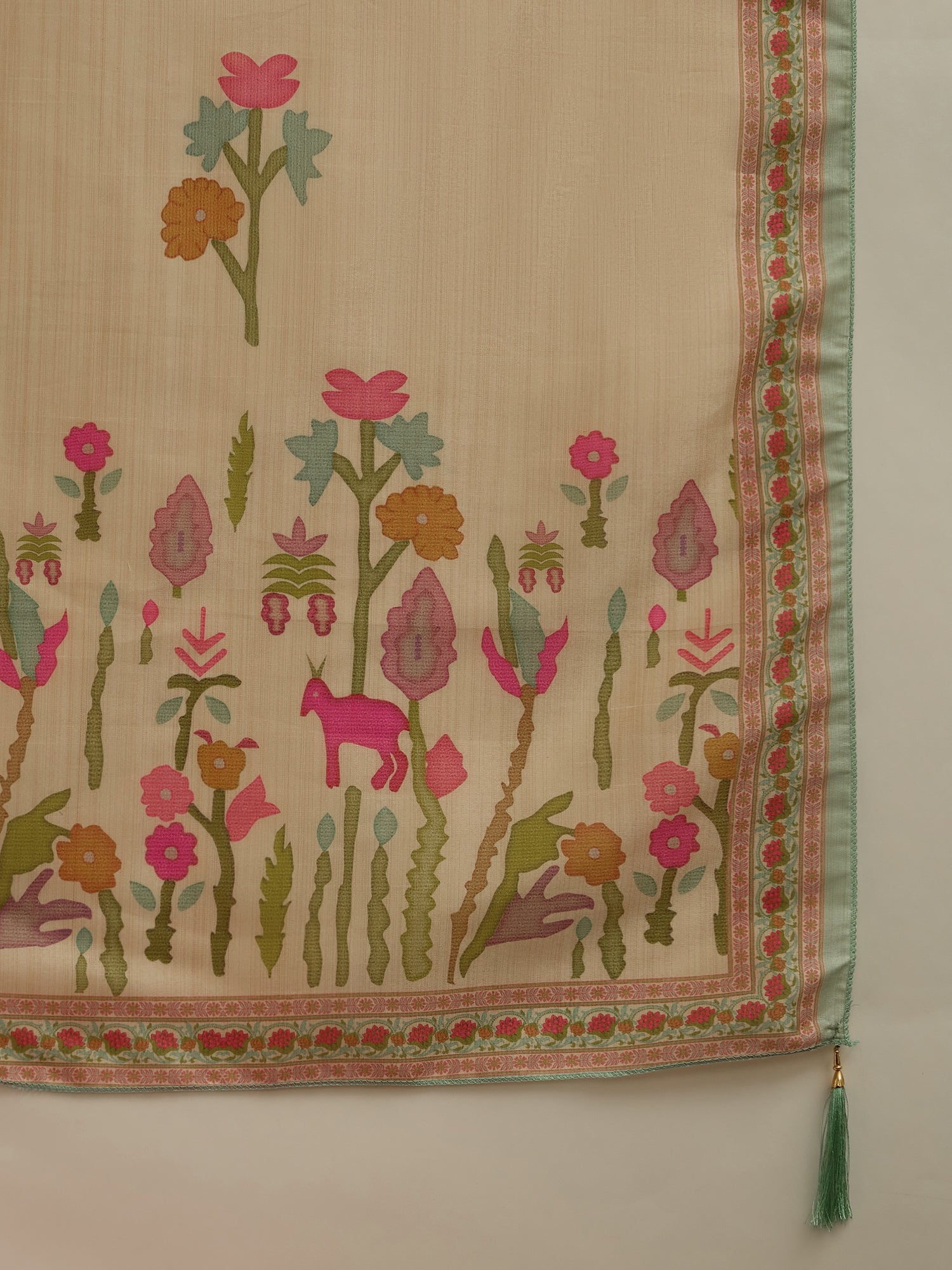 VredeVogel Cream Silk Blend Embroidered with Zardozi Straight Kurta Set with Trousers & Dupatta