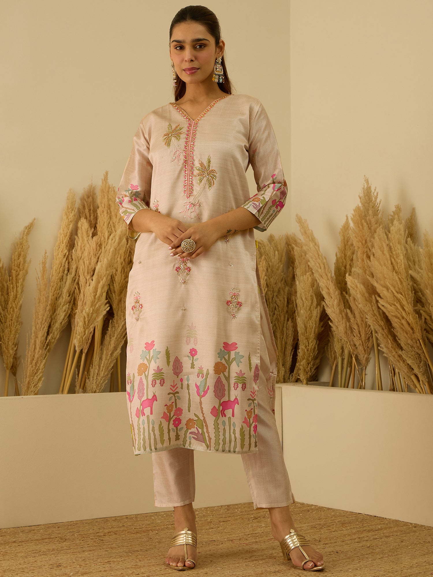 VredeVogel Cream Silk Blend Embroidered with Zardozi Straight Kurta Set with Trousers & Dupatta