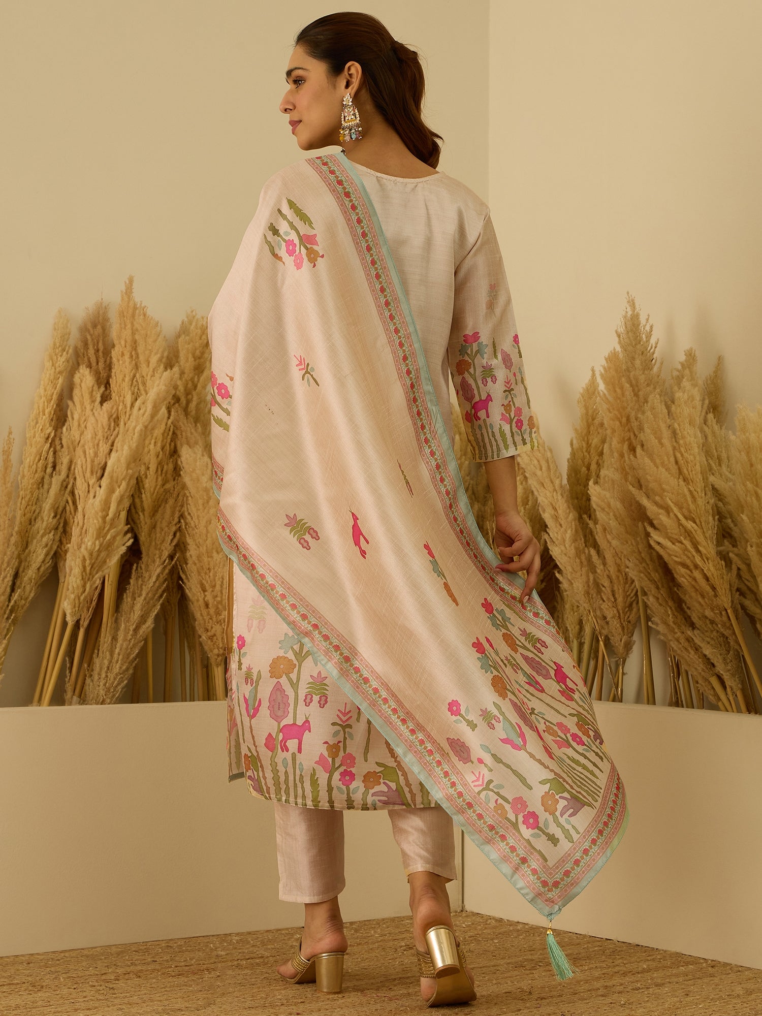 VredeVogel Cream Silk Blend Embroidered with Zardozi Straight Kurta Set with Trousers & Dupatta