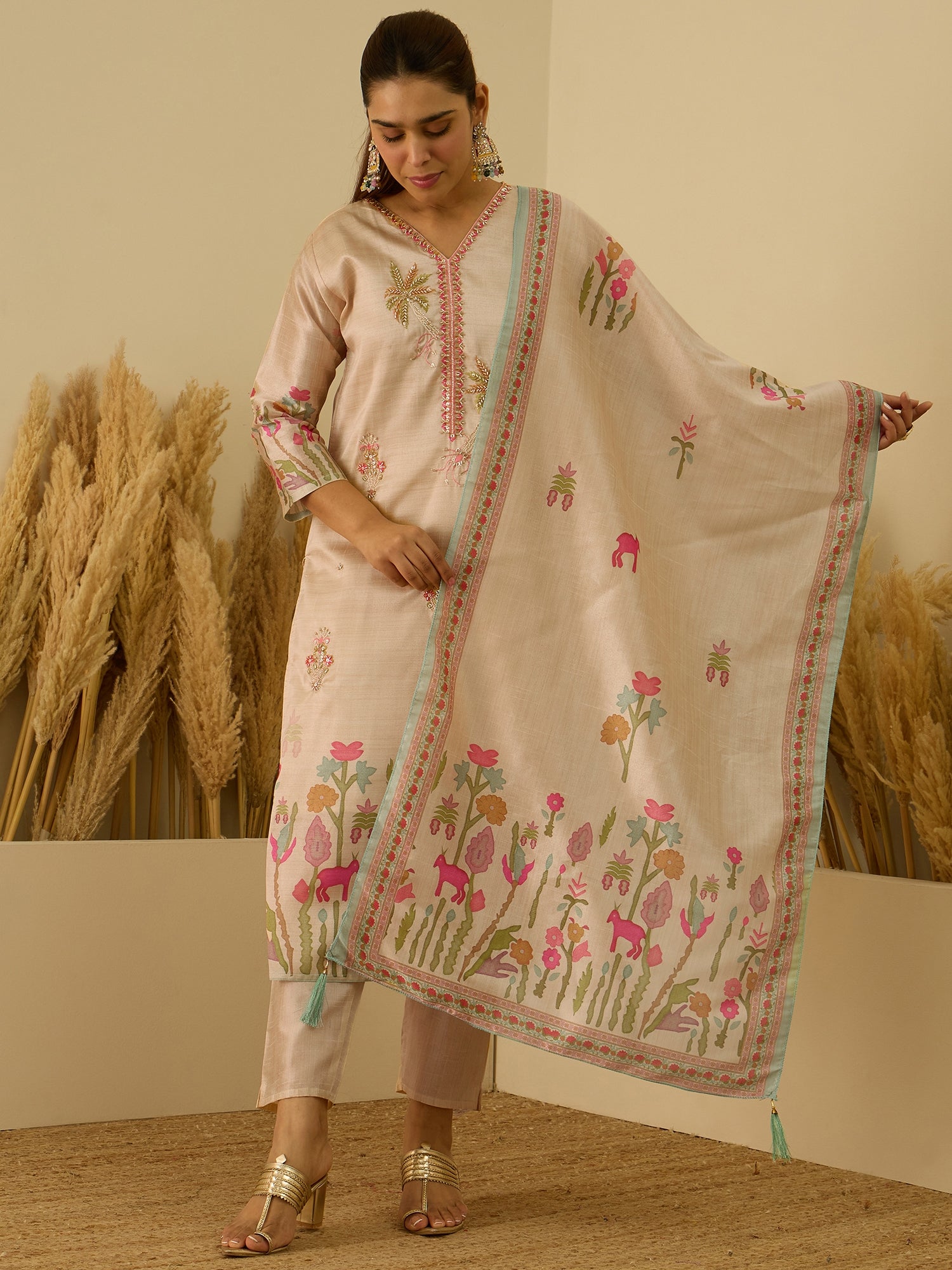 VredeVogel Cream Silk Blend Embroidered with Zardozi Straight Kurta Set with Trousers & Dupatta