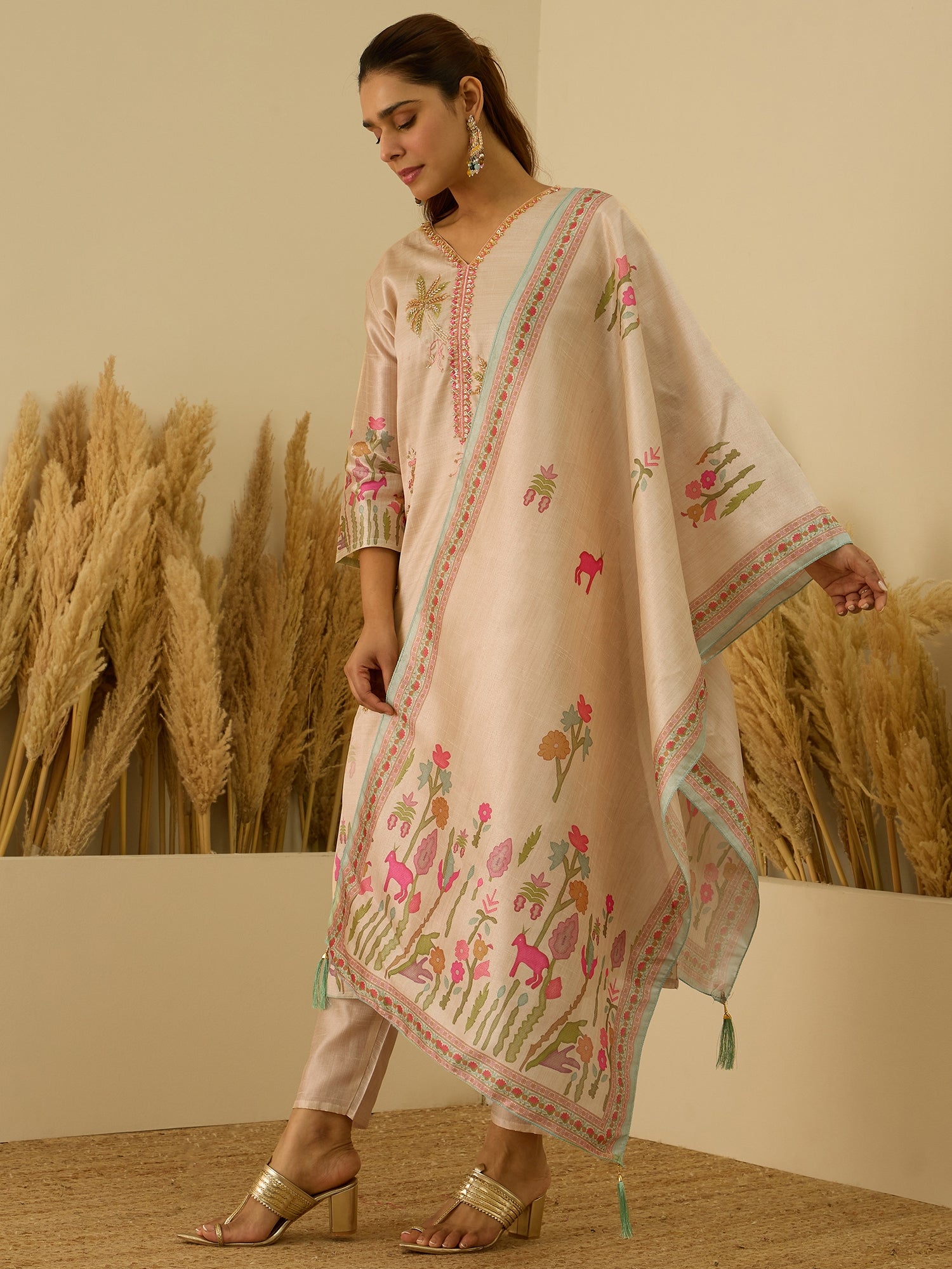 VredeVogel Cream Silk Blend Embroidered with Zardozi Straight Kurta Set with Trousers & Dupatta