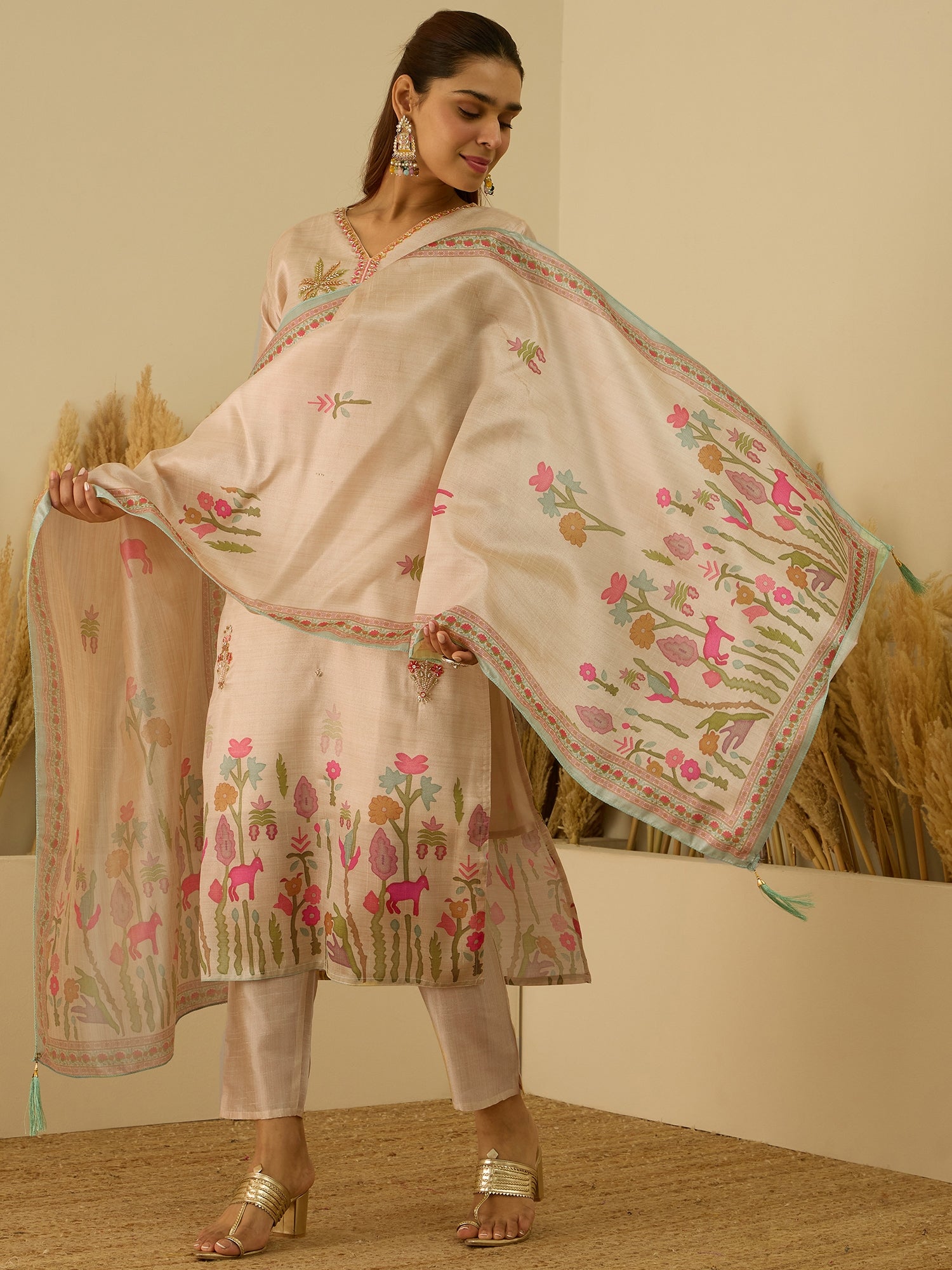 VredeVogel Cream Silk Blend Embroidered with Zardozi Straight Kurta Set with Trousers & Dupatta