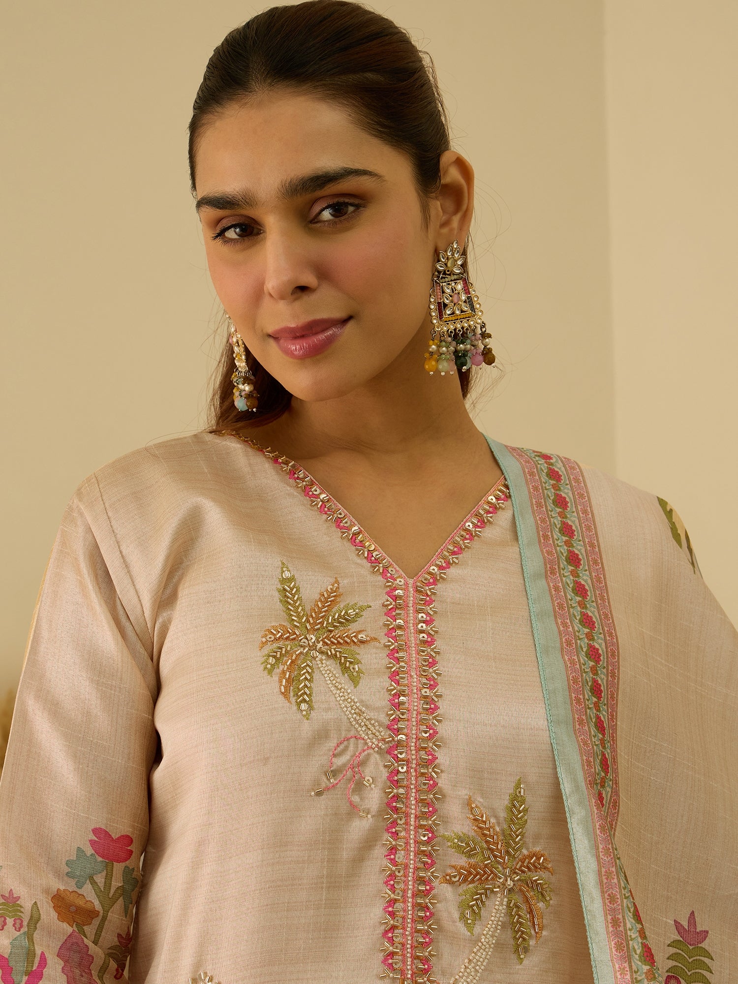 VredeVogel Cream Silk Blend Embroidered with Zardozi Straight Kurta Set with Trousers & Dupatta
