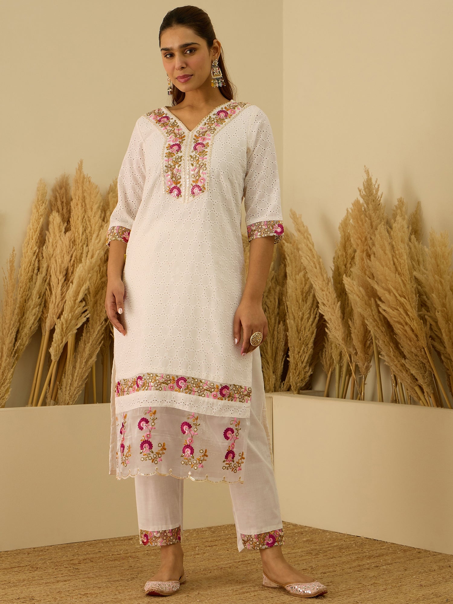 VredeVogel Off-White Cotton Blend Embroidered with Sequins Straight Kurta Set with Trousers & Dupatta