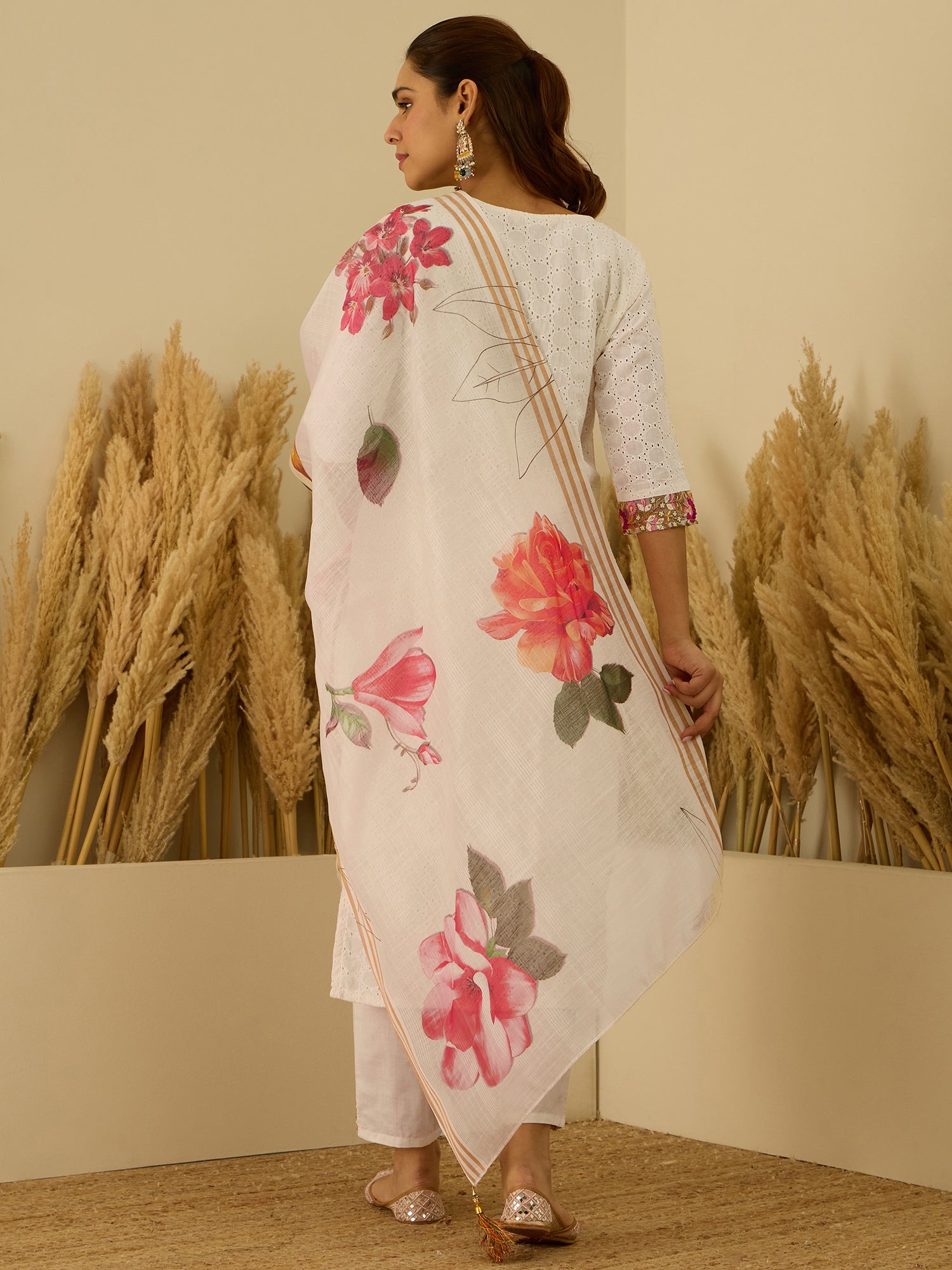 VredeVogel Off-White Cotton Blend Embroidered with Sequins Straight Kurta Set with Trousers & Dupatta
