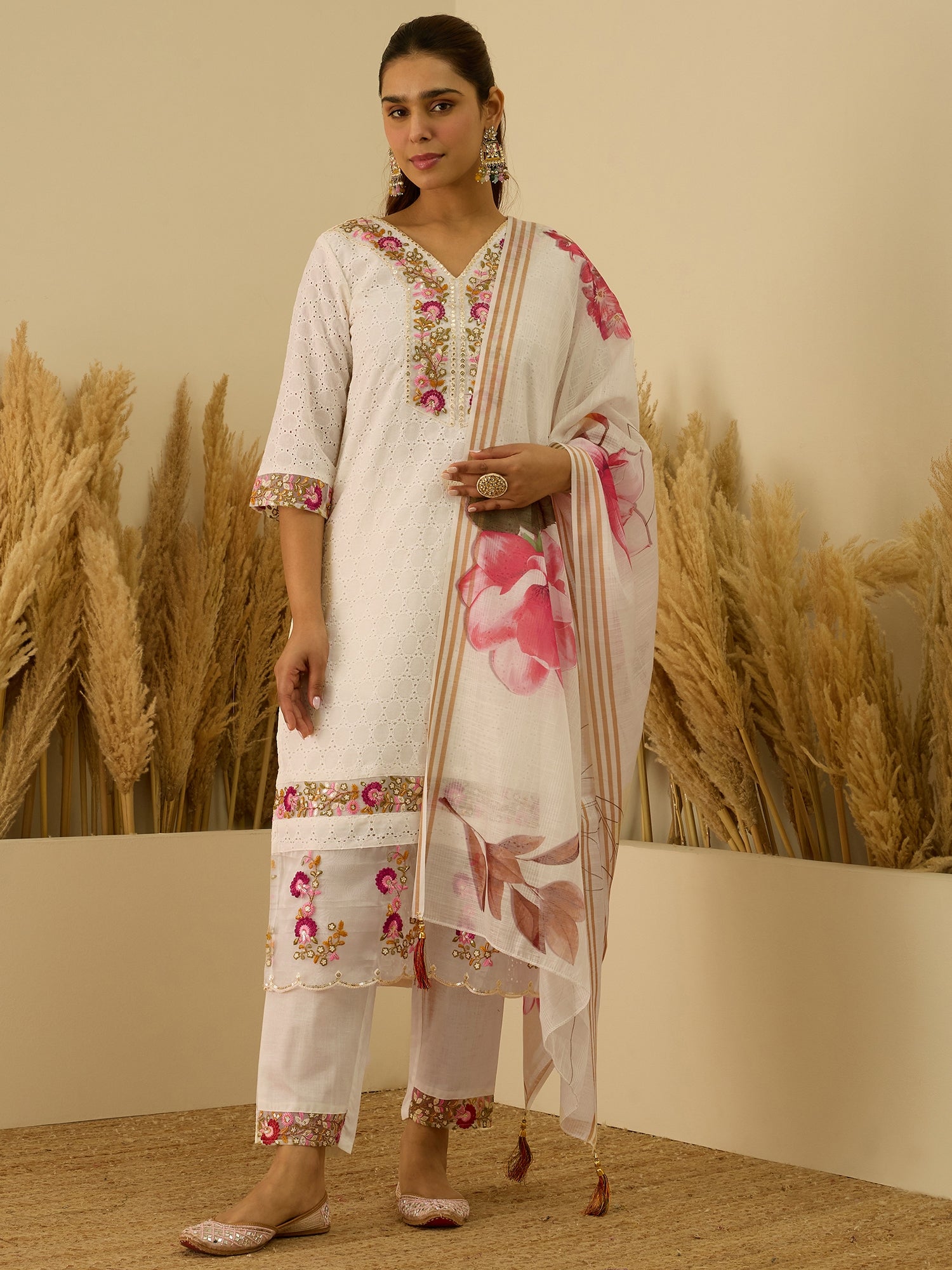 VredeVogel Off-White Cotton Blend Embroidered with Sequins Straight Kurta Set with Trousers & Dupatta