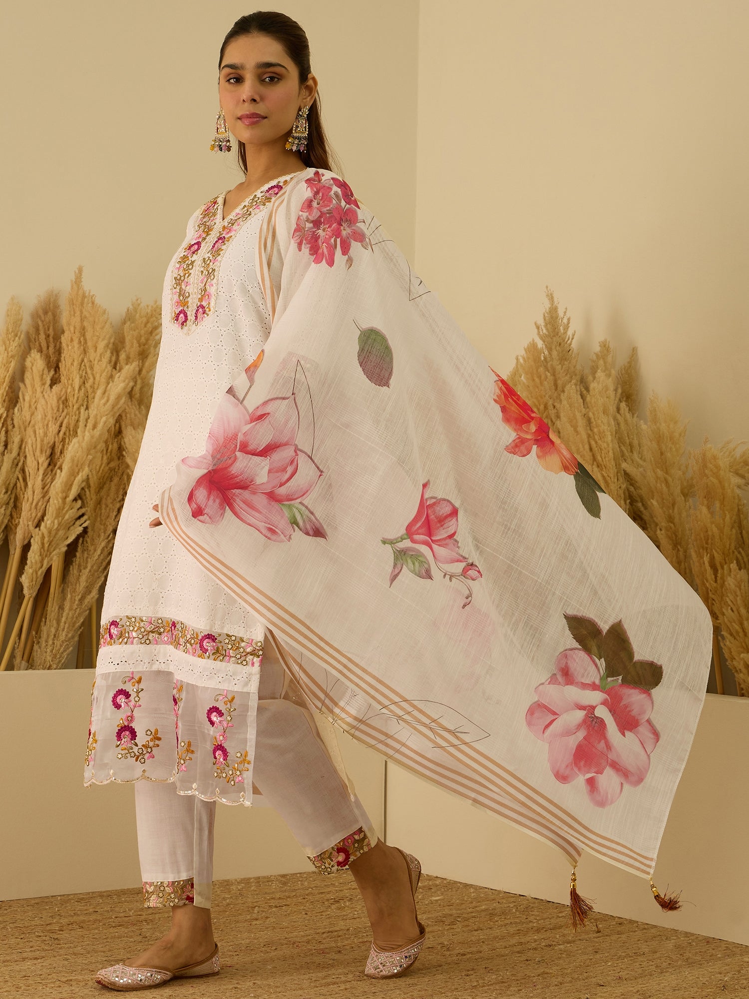 VredeVogel Off-White Cotton Blend Embroidered with Sequins Straight Kurta Set with Trousers & Dupatta