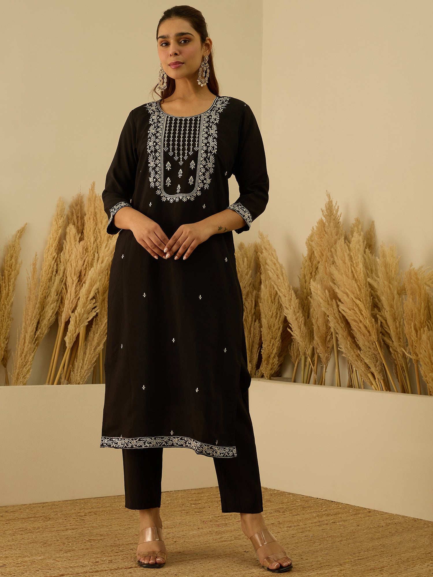 Drashti Women’s Viscose Roman Silk Embroidery Straight Kurta Pant with Dupatta Set