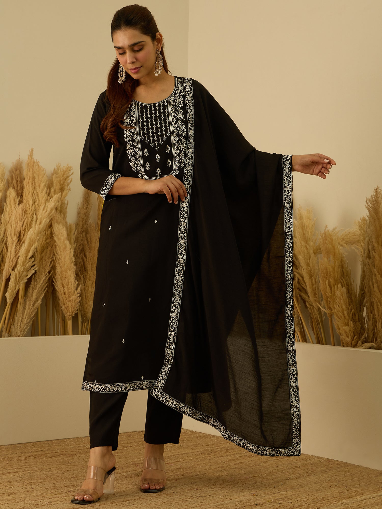 Drashti Women’s Viscose Roman Silk Embroidery Straight Kurta Pant with Dupatta Set