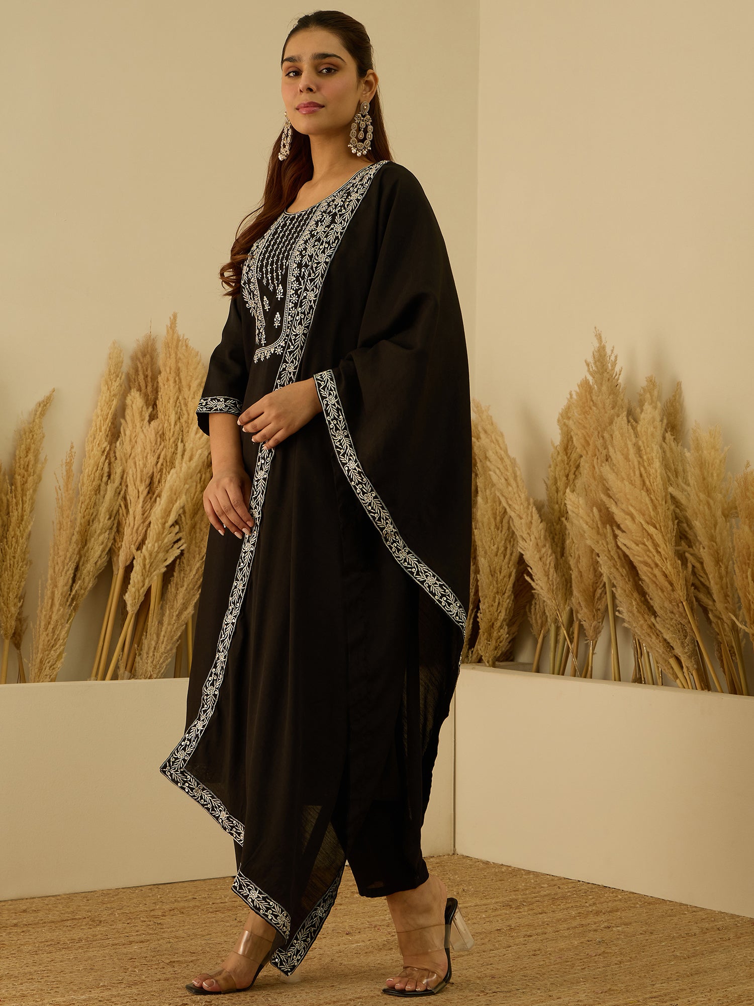 Drashti Women’s Viscose Roman Silk Embroidery Straight Kurta Pant with Dupatta Set