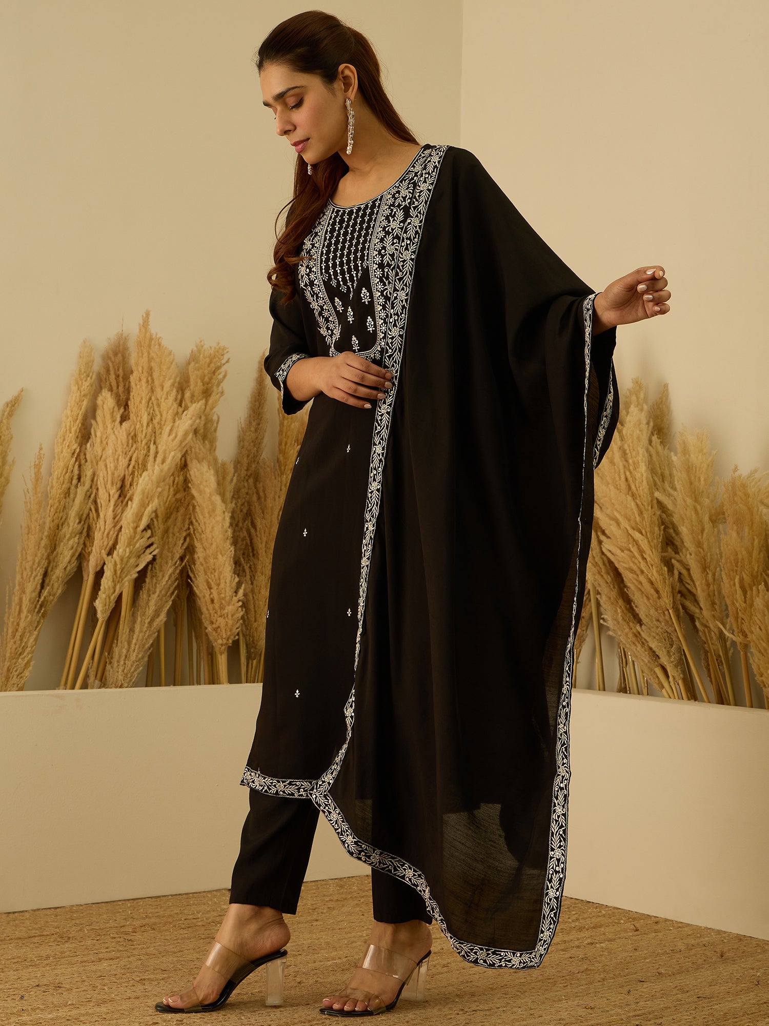 Drashti Women’s Viscose Roman Silk Embroidery Straight Kurta Pant with Dupatta Set