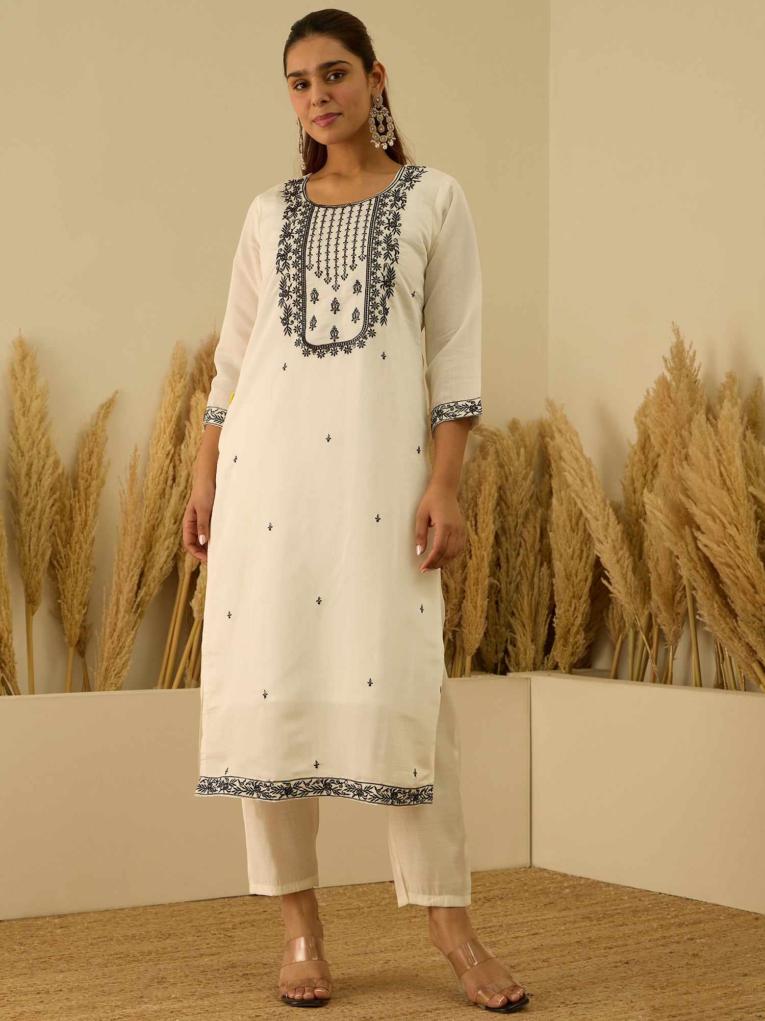 Hansika Women’s Viscose Roman Silk Embroidery Straight Kurta Pant with Dupatta Set