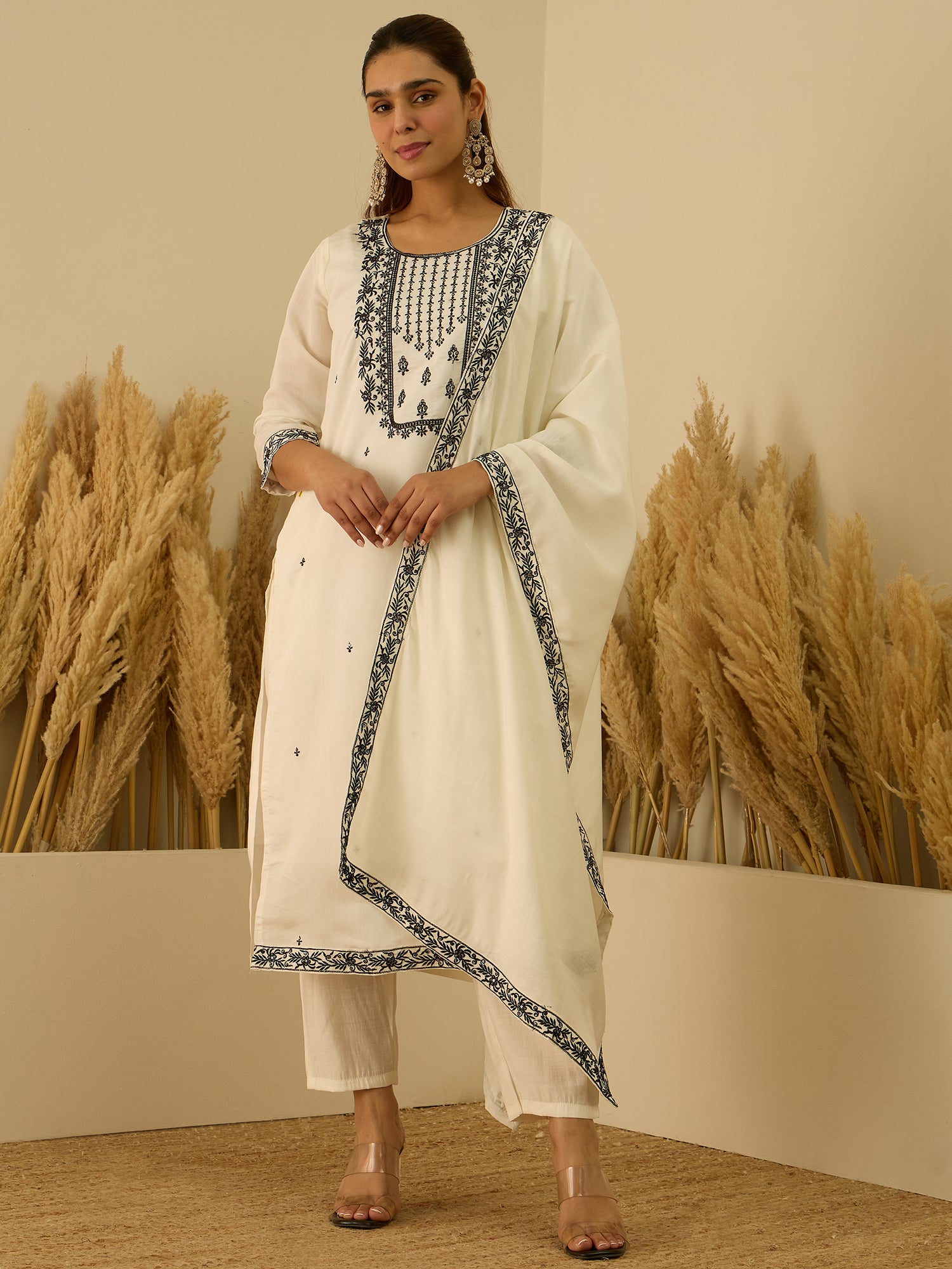 Hansika Women’s Viscose Roman Silk Embroidery Straight Kurta Pant with Dupatta Set