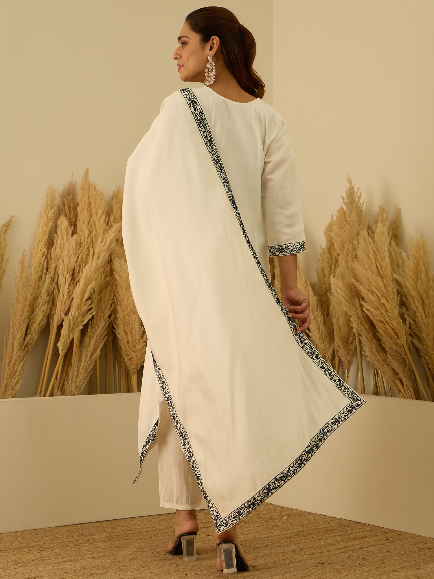 Hansika Women’s Viscose Roman Silk Embroidery Straight Kurta Pant with Dupatta Set