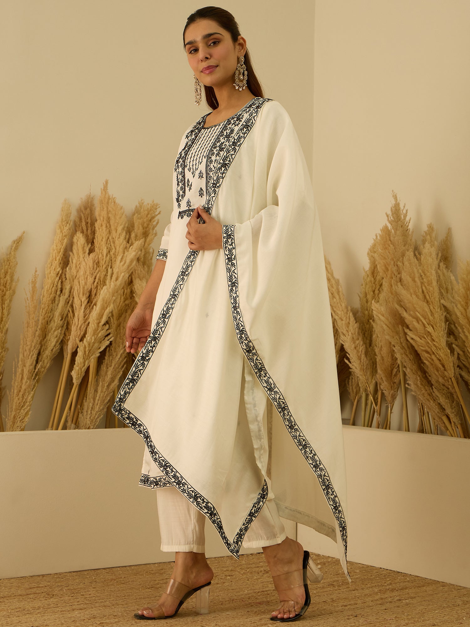 Hansika Women’s Viscose Roman Silk Embroidery Straight Kurta Pant with Dupatta Set