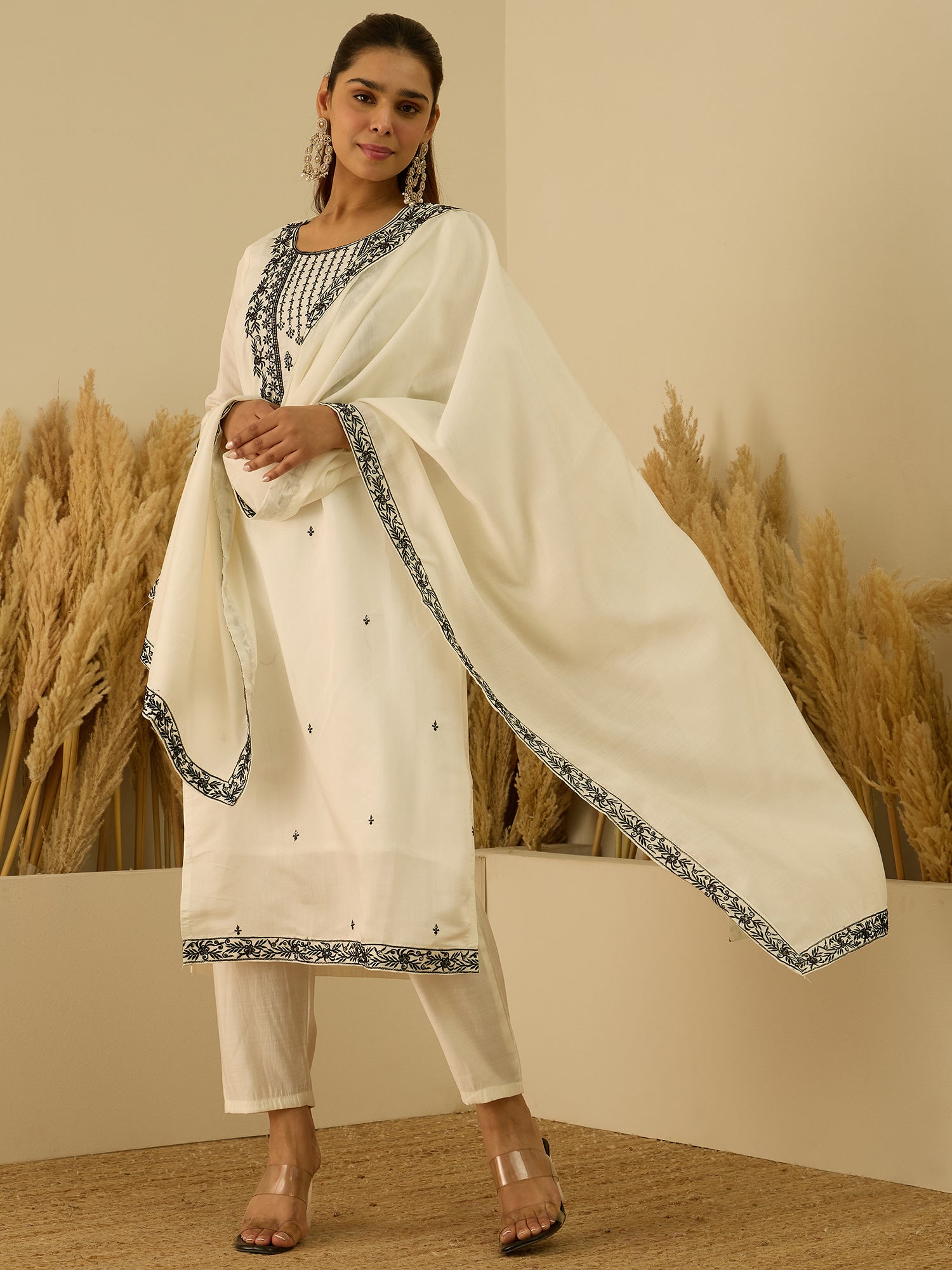 Hansika Women’s Viscose Roman Silk Embroidery Straight Kurta Pant with Dupatta Set