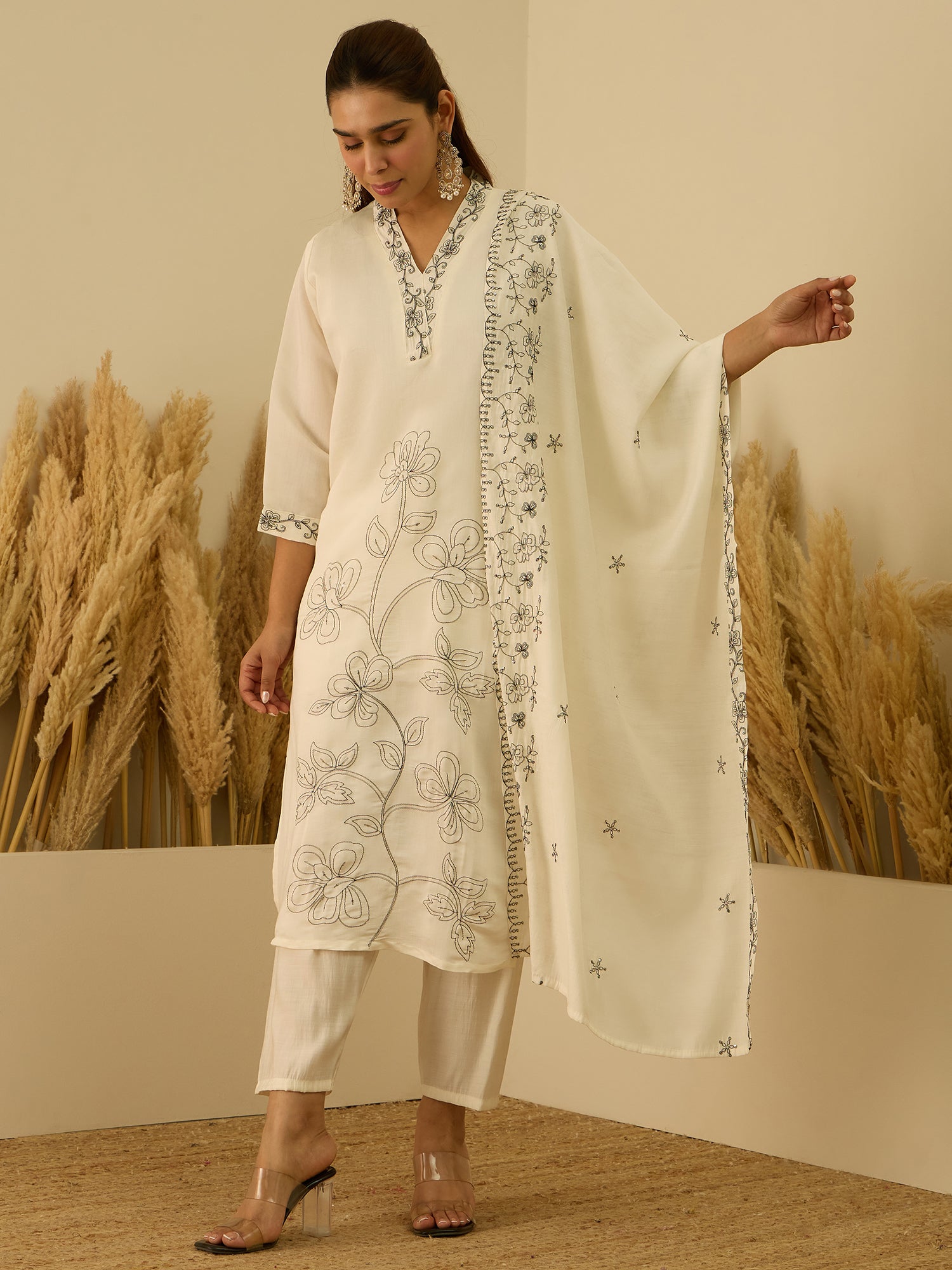 Prerna Silk Blend Embroidered Straight Kurta Set with Trousers & Dupatta
