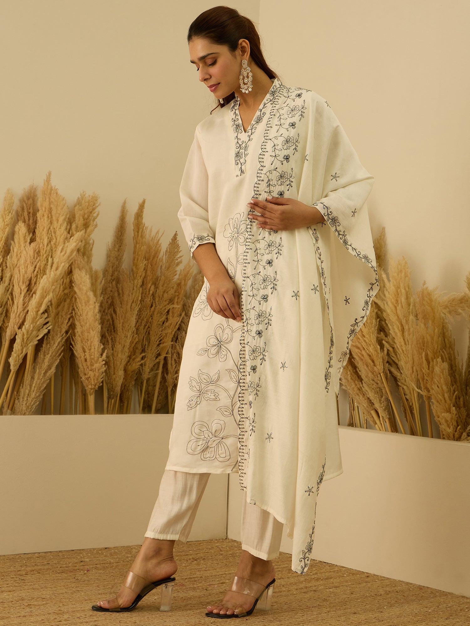 Prerna Silk Blend Embroidered Straight Kurta Set with Trousers & Dupatta