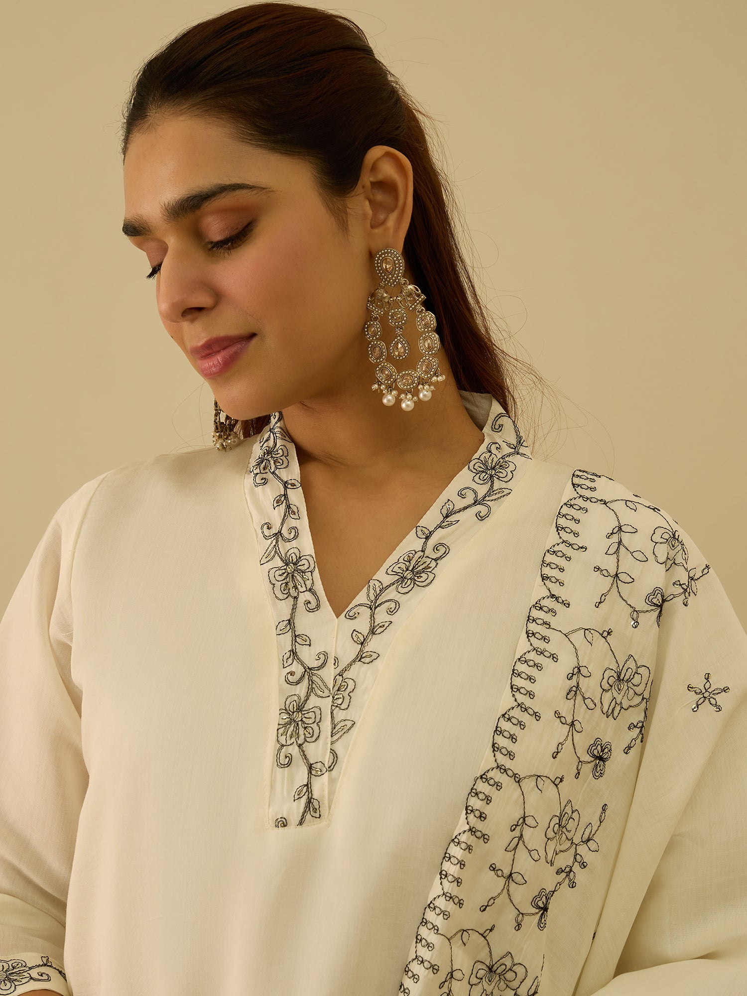 Prerna Silk Blend Embroidered Straight Kurta Set with Trousers & Dupatta