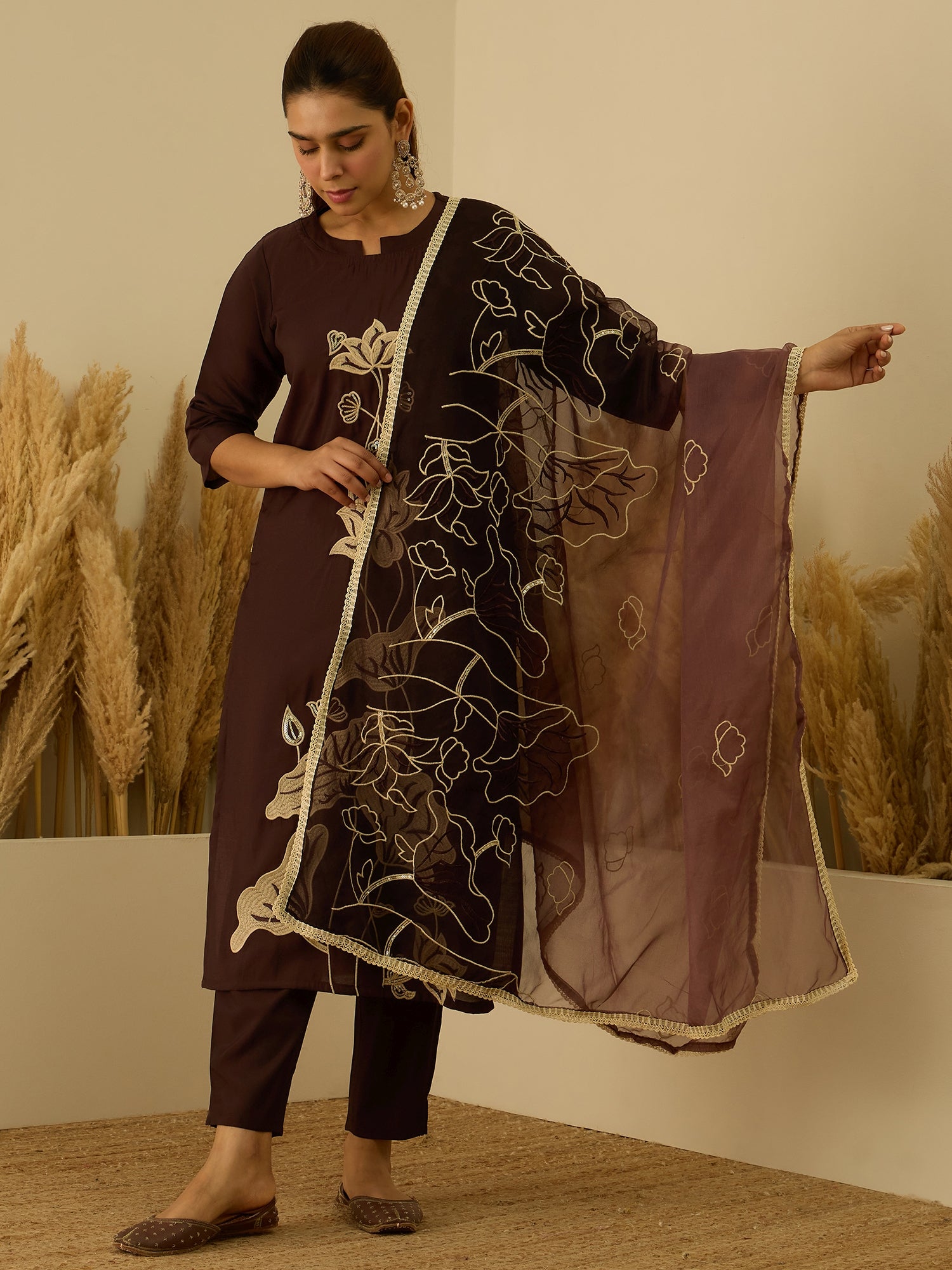 VredeVogel Coffee Silk Blend Embroidered with Sequins Straight Kurta Set with Trousers & Dupatta