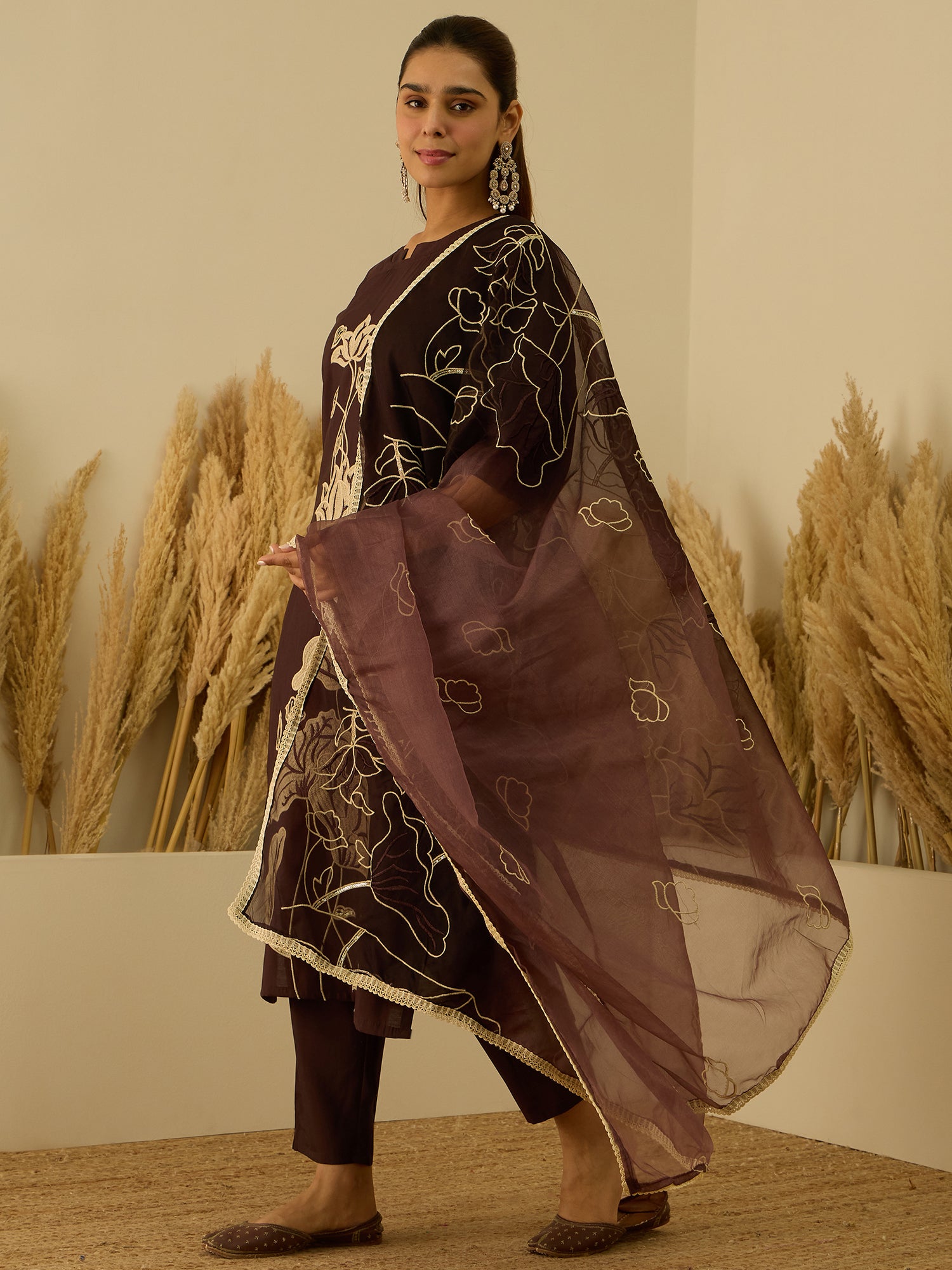 VredeVogel Coffee Silk Blend Embroidered with Sequins Straight Kurta Set with Trousers & Dupatta