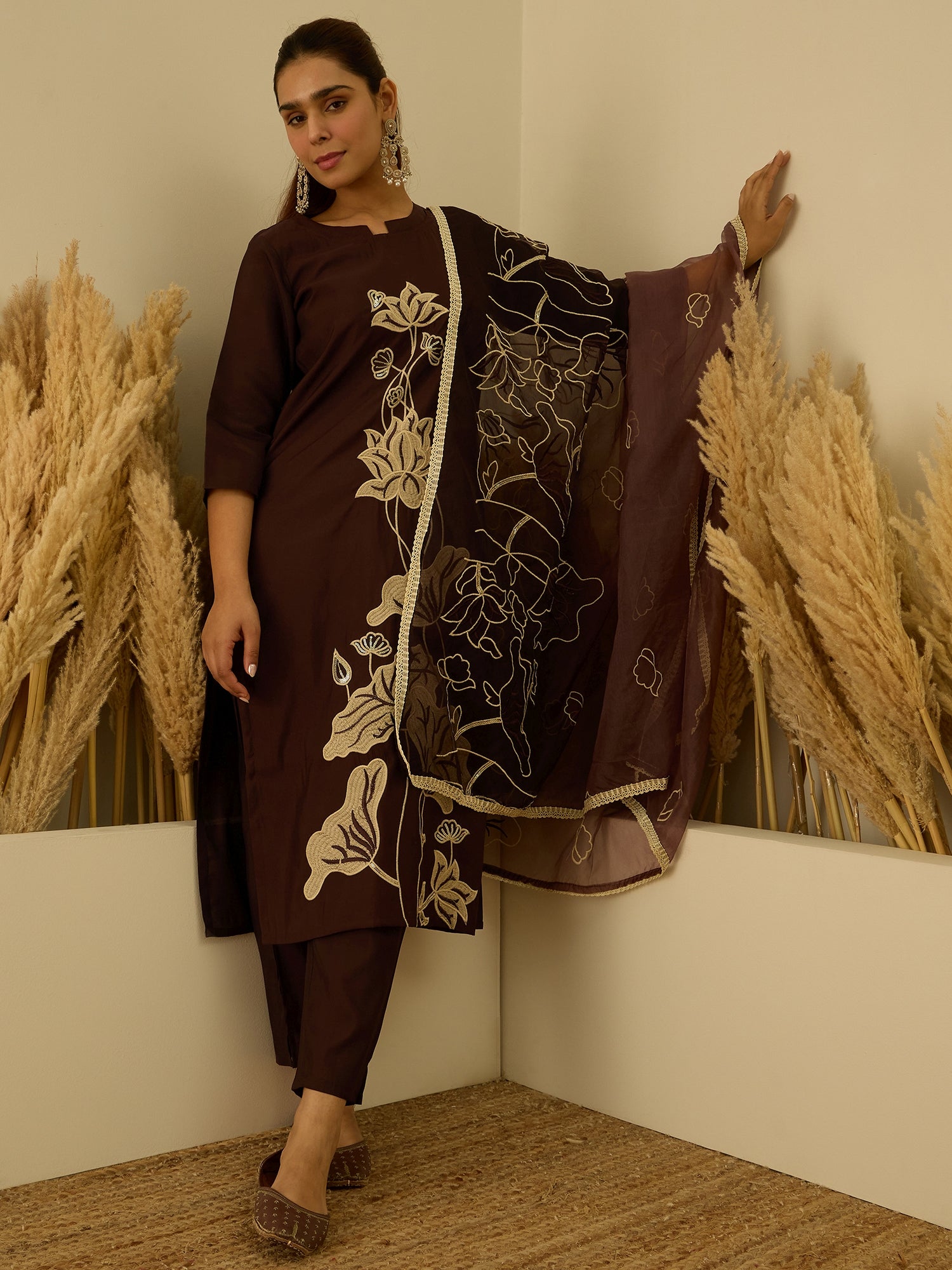 VredeVogel Coffee Silk Blend Embroidered with Sequins Straight Kurta Set with Trousers & Dupatta