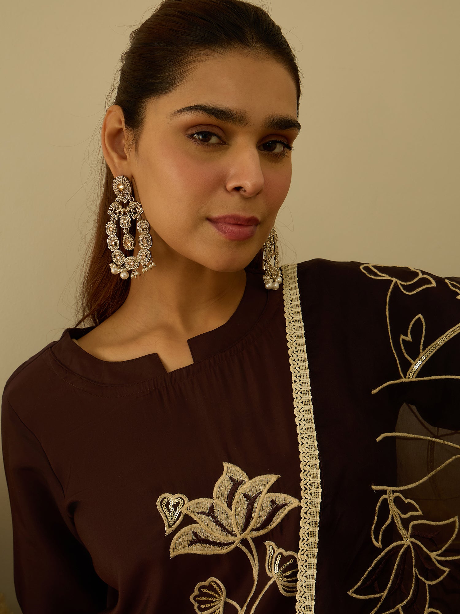 VredeVogel Coffee Silk Blend Embroidered with Sequins Straight Kurta Set with Trousers & Dupatta