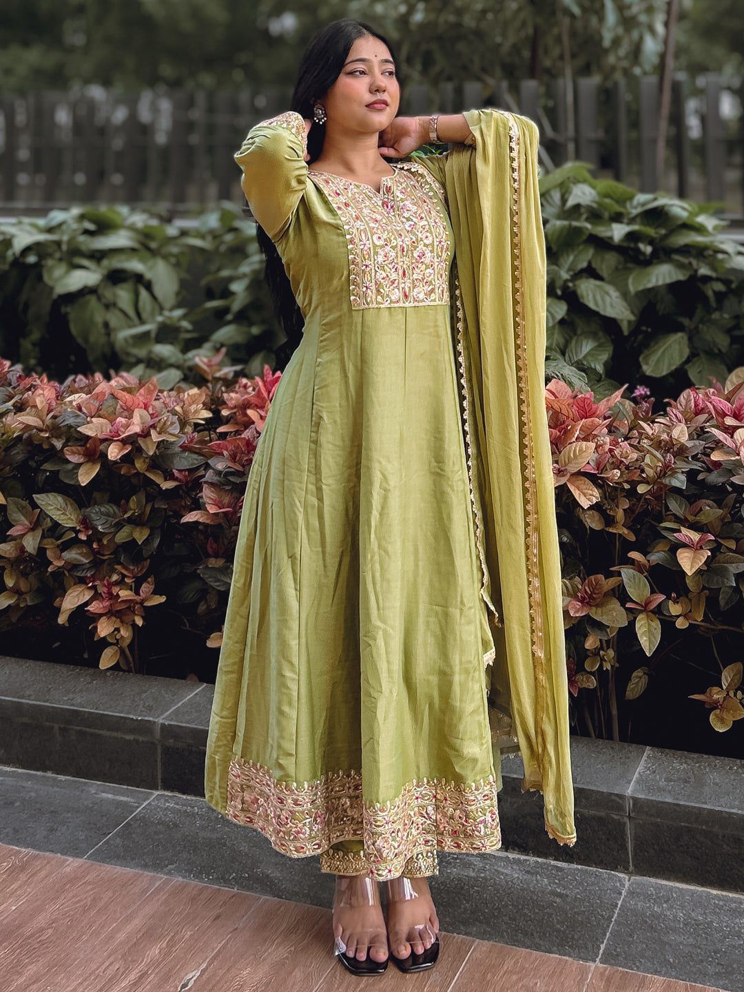 Anushka Mehndi Festive Embroidered Russian Silk Mehndi Anarkali Set