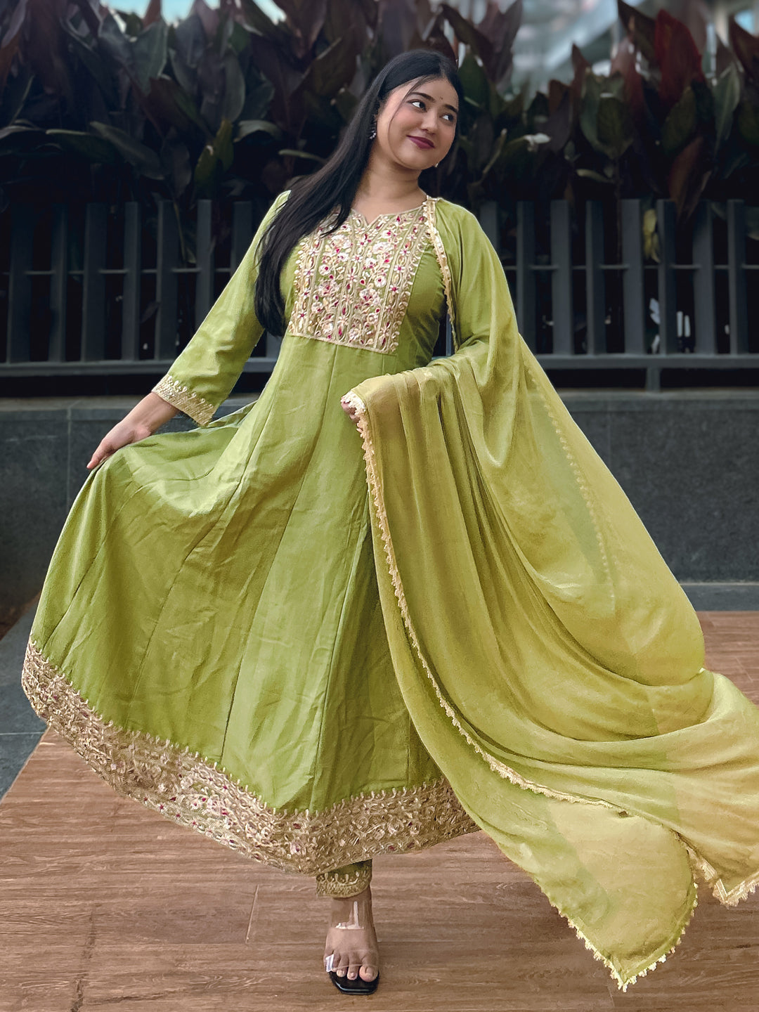 Anushka Mehndi Festive Embroidered Russian Silk Mehndi Anarkali Set