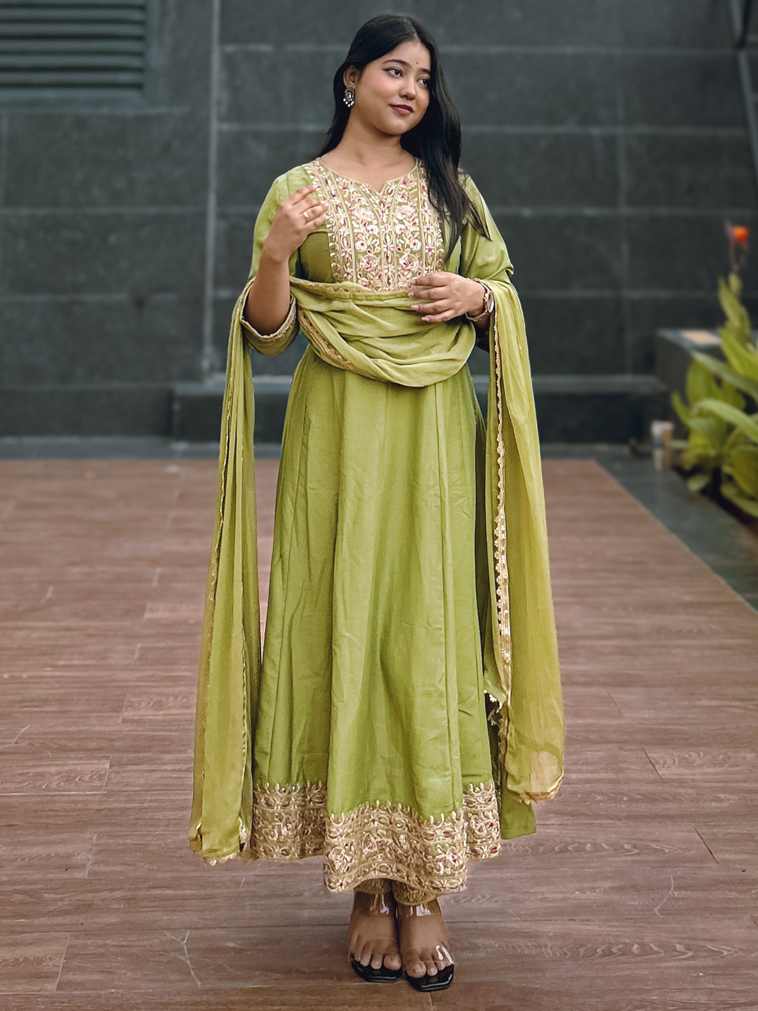 Anushka Mehndi Festive Embroidered Russian Silk Mehndi Anarkali Set