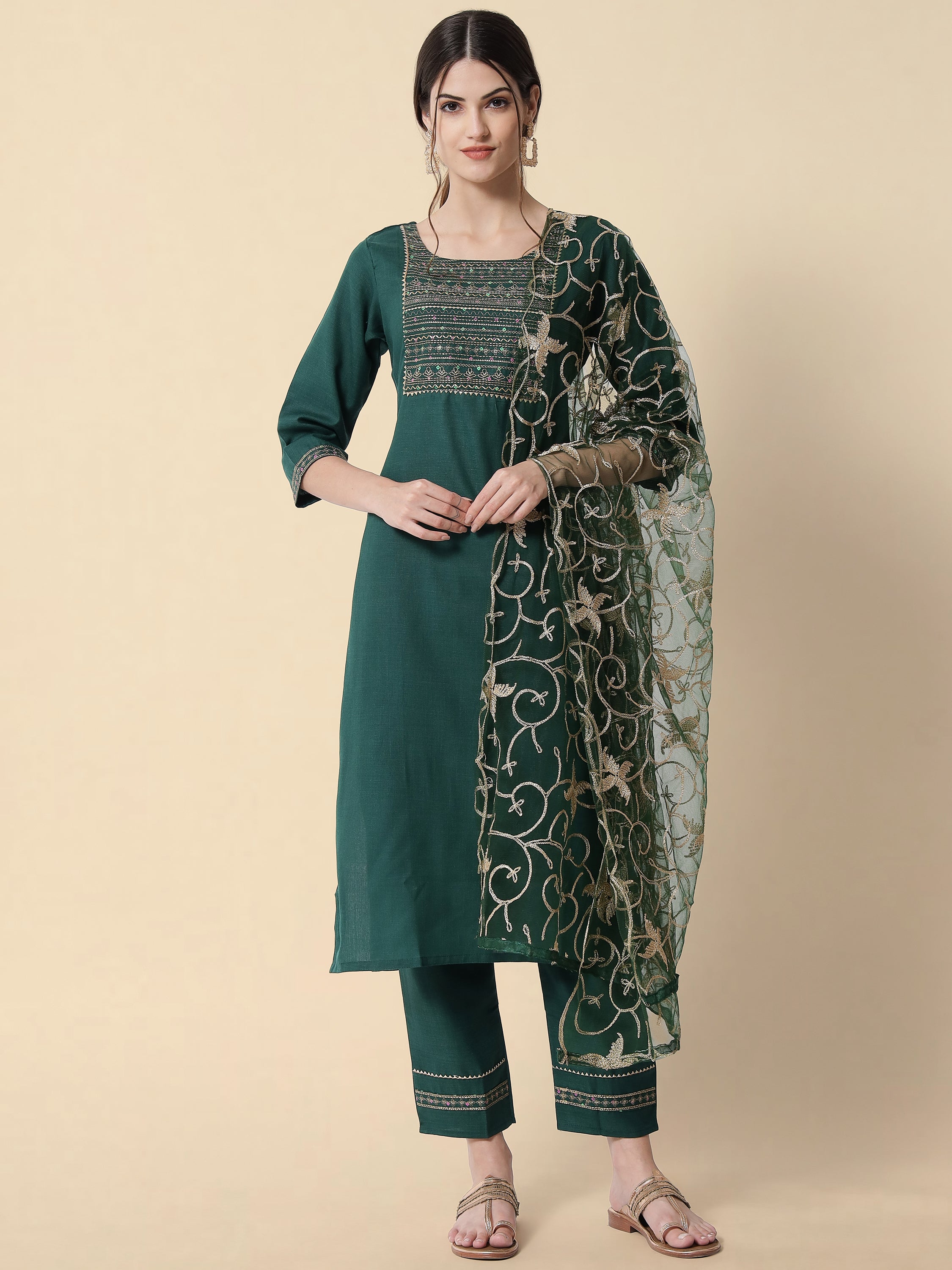 VredeVogel Embroidery Kurta Pant With Net Embroidery Dupatta