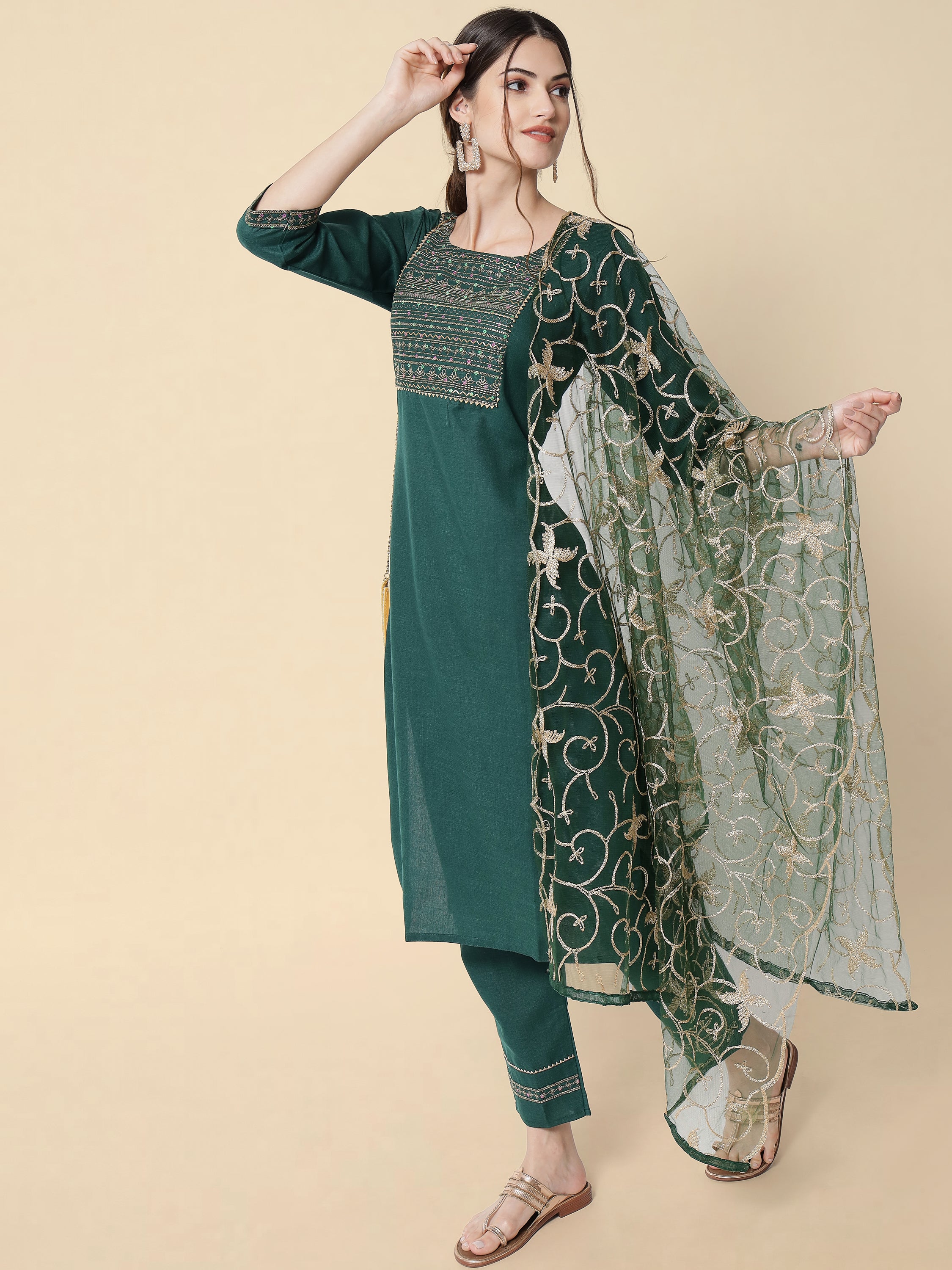 VredeVogel Embroidery Kurta Pant With Net Embroidery Dupatta