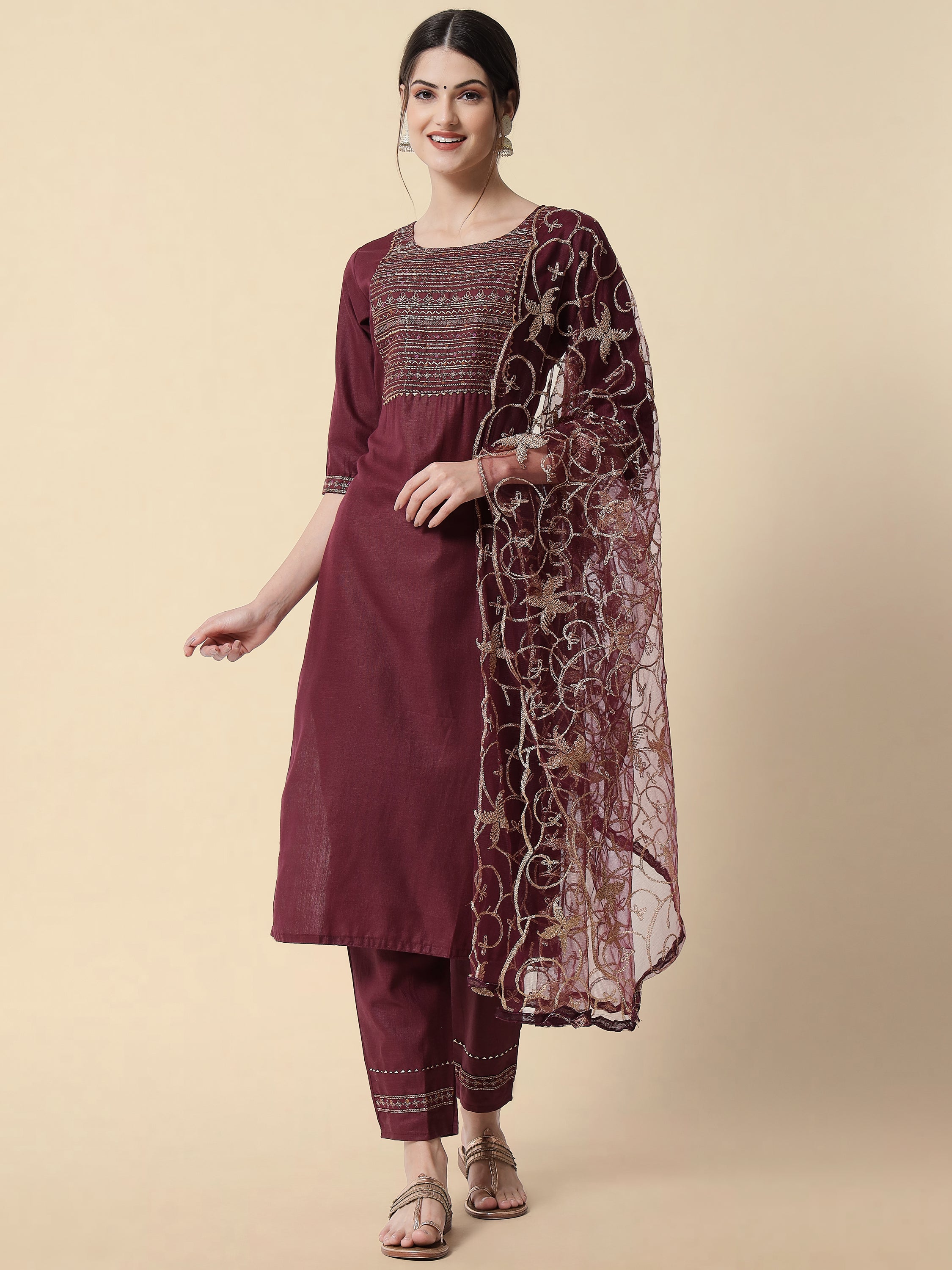 VredeVogel Embroidery Kurta Pant With Net Embroidery Dupatta