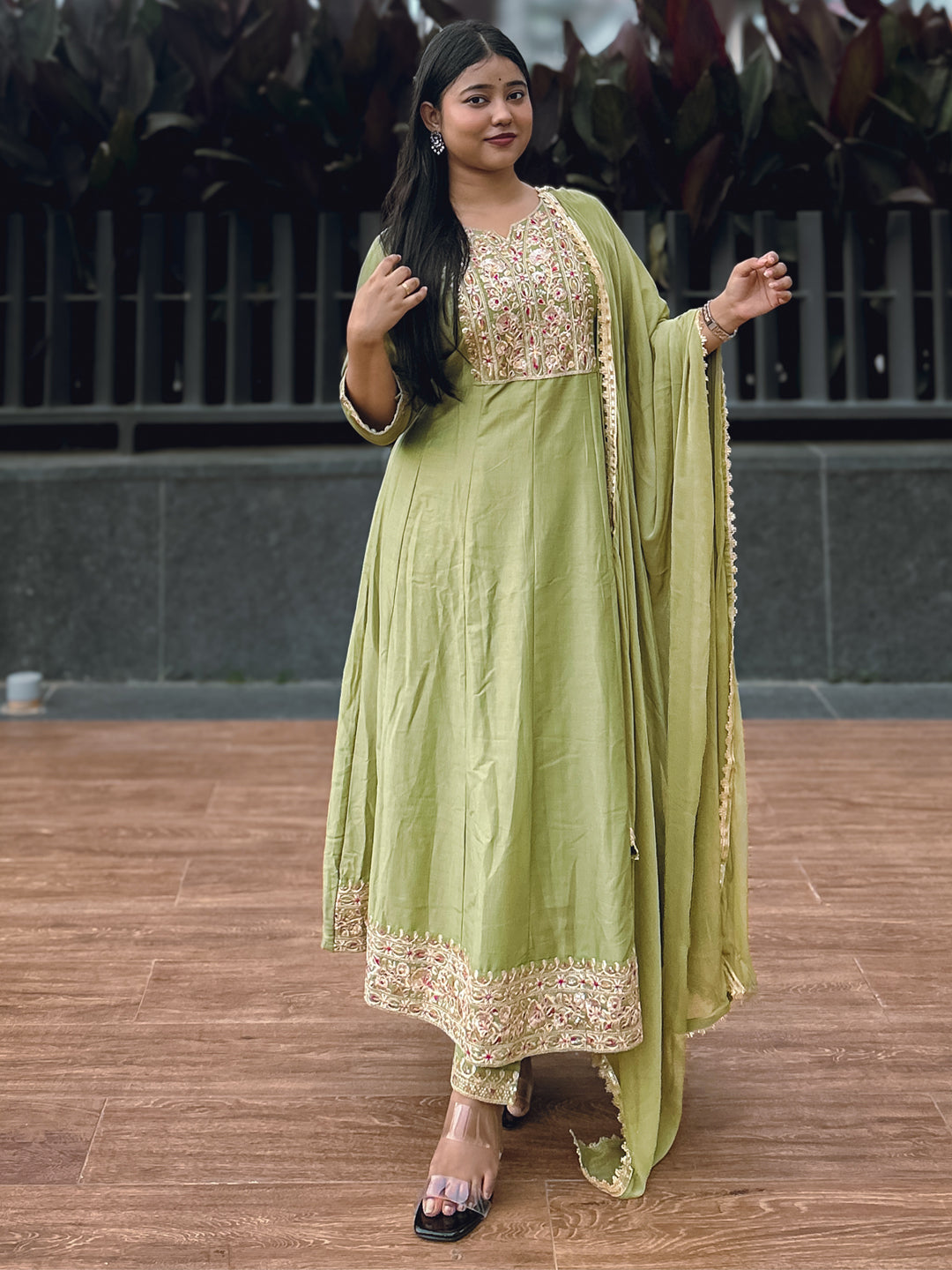 Anushka Mehndi Festive Embroidered Russian Silk Mehndi Anarkali Set