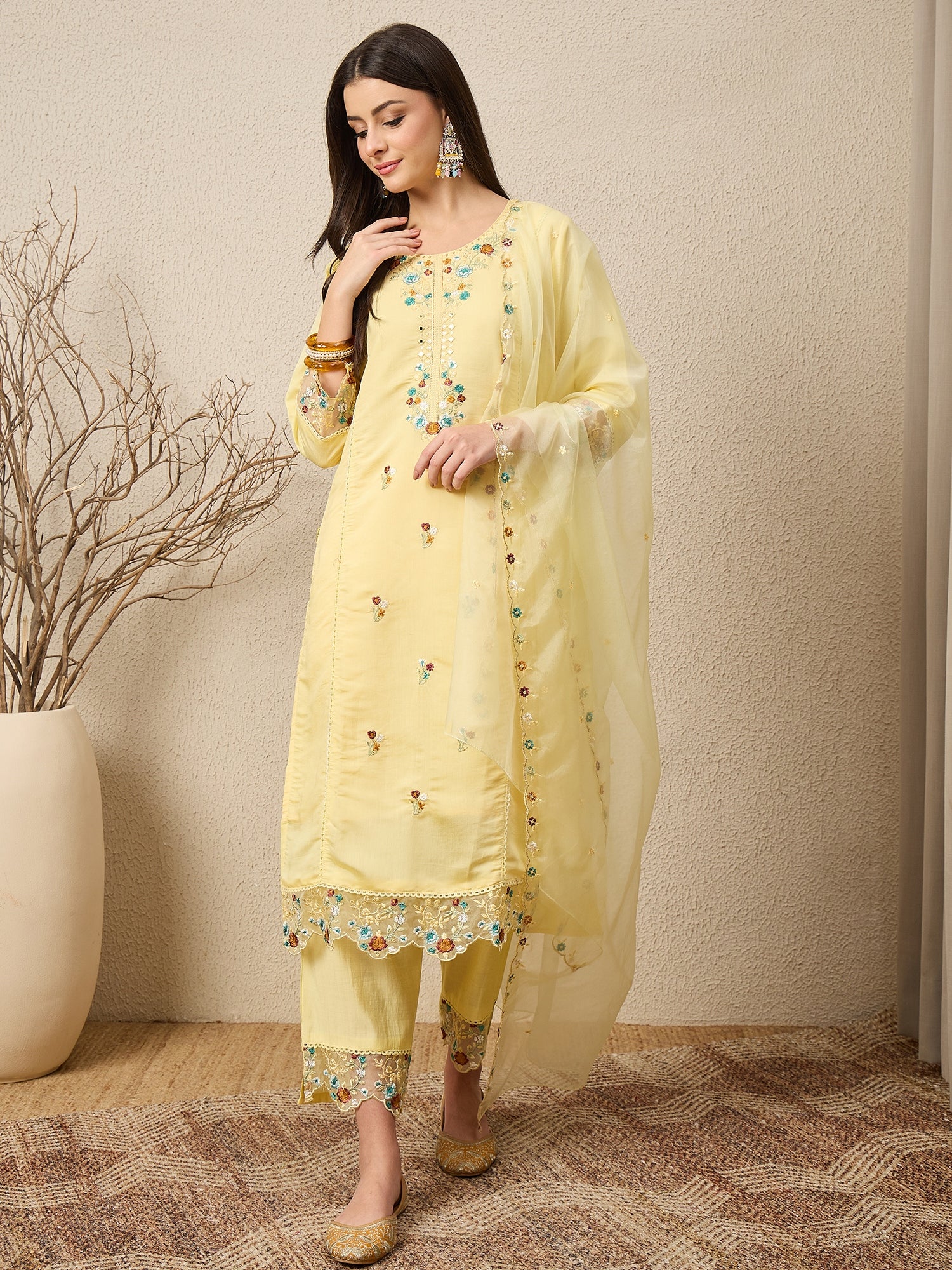 Panetar Yellow Women Silk Blend Kurta and Trousers Pant Set