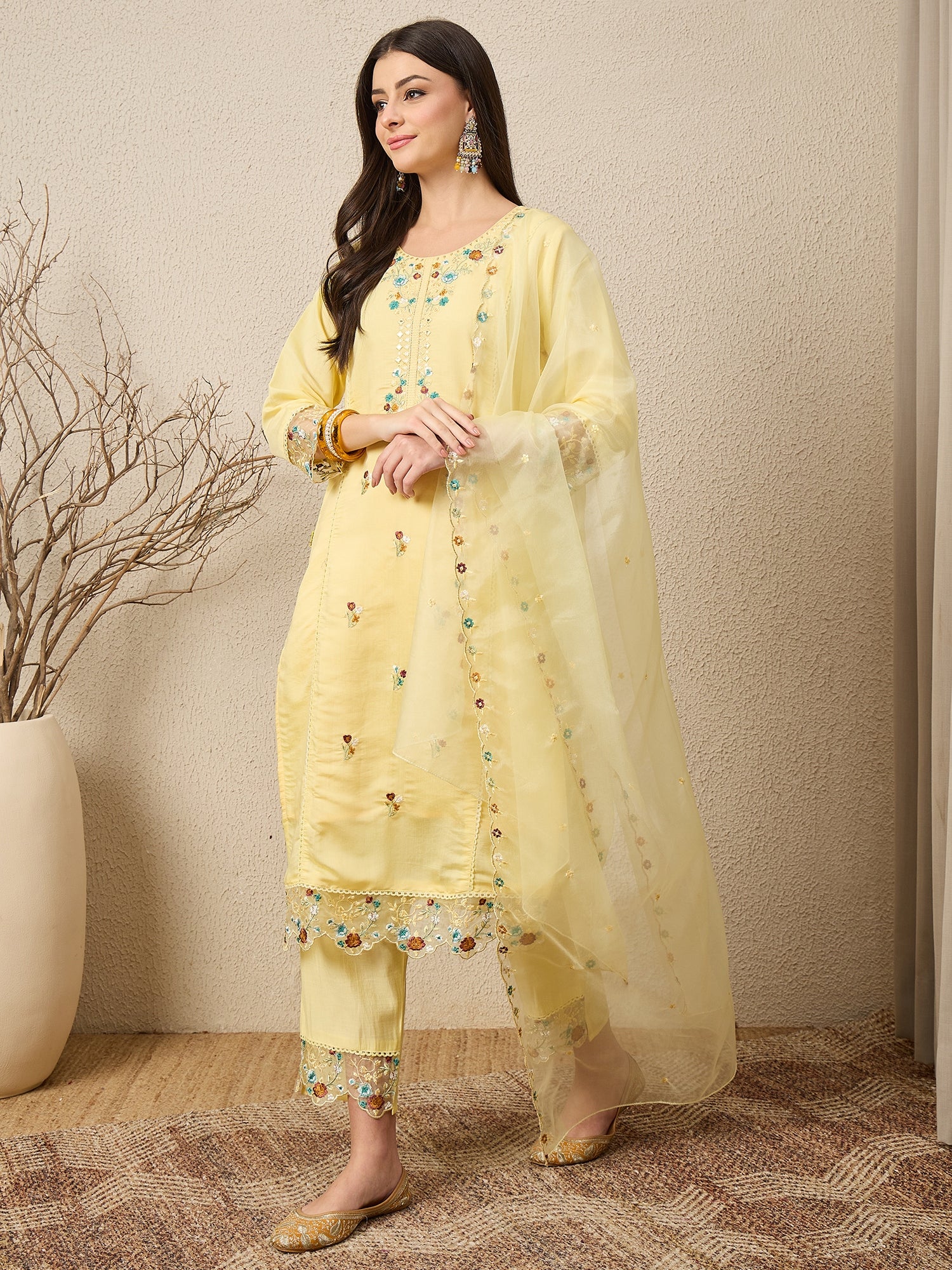 Panetar Yellow Women Silk Blend Kurta and Trousers Pant Set