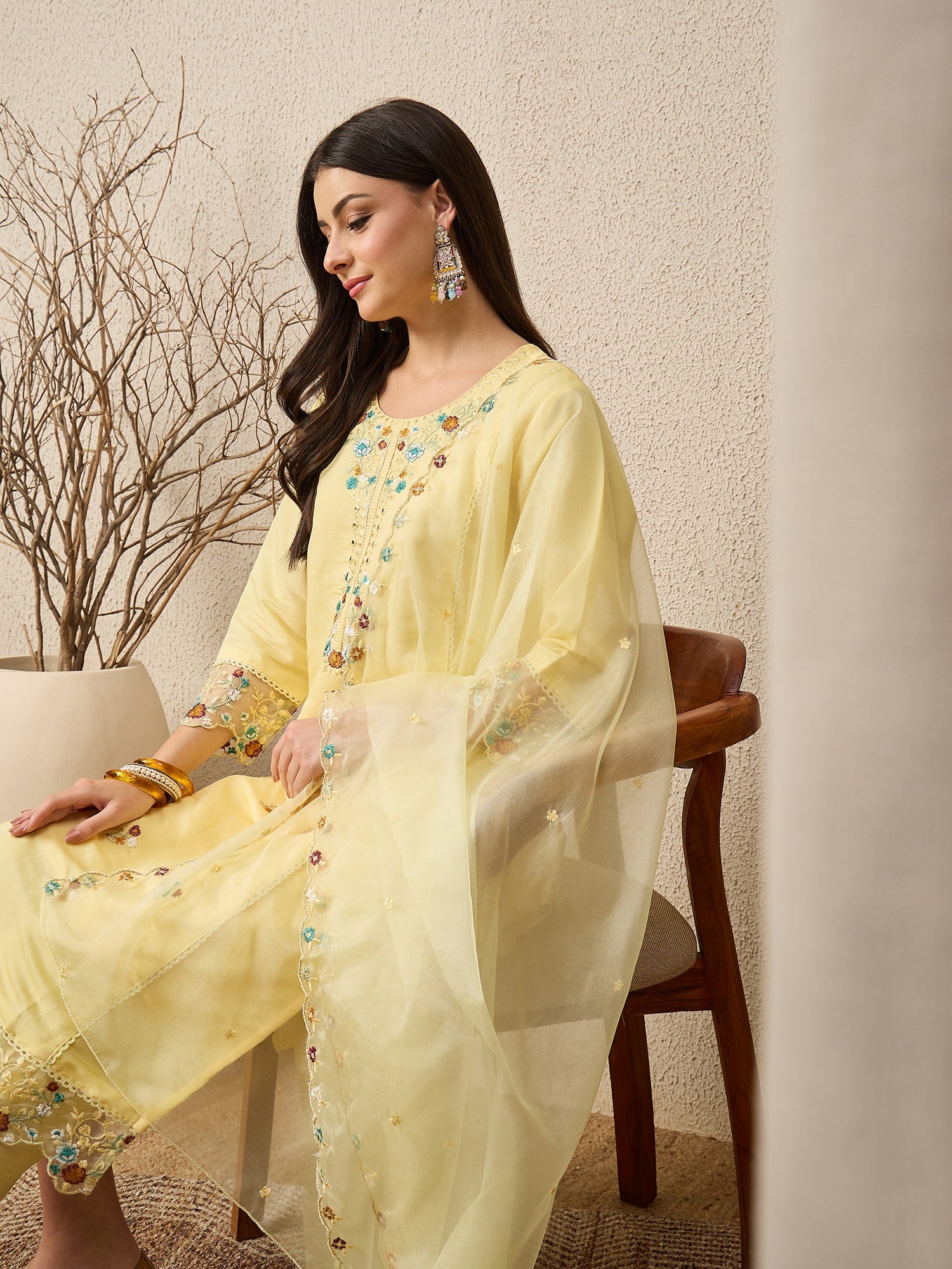 Panetar Yellow Women Silk Blend Kurta and Trousers Pant Set