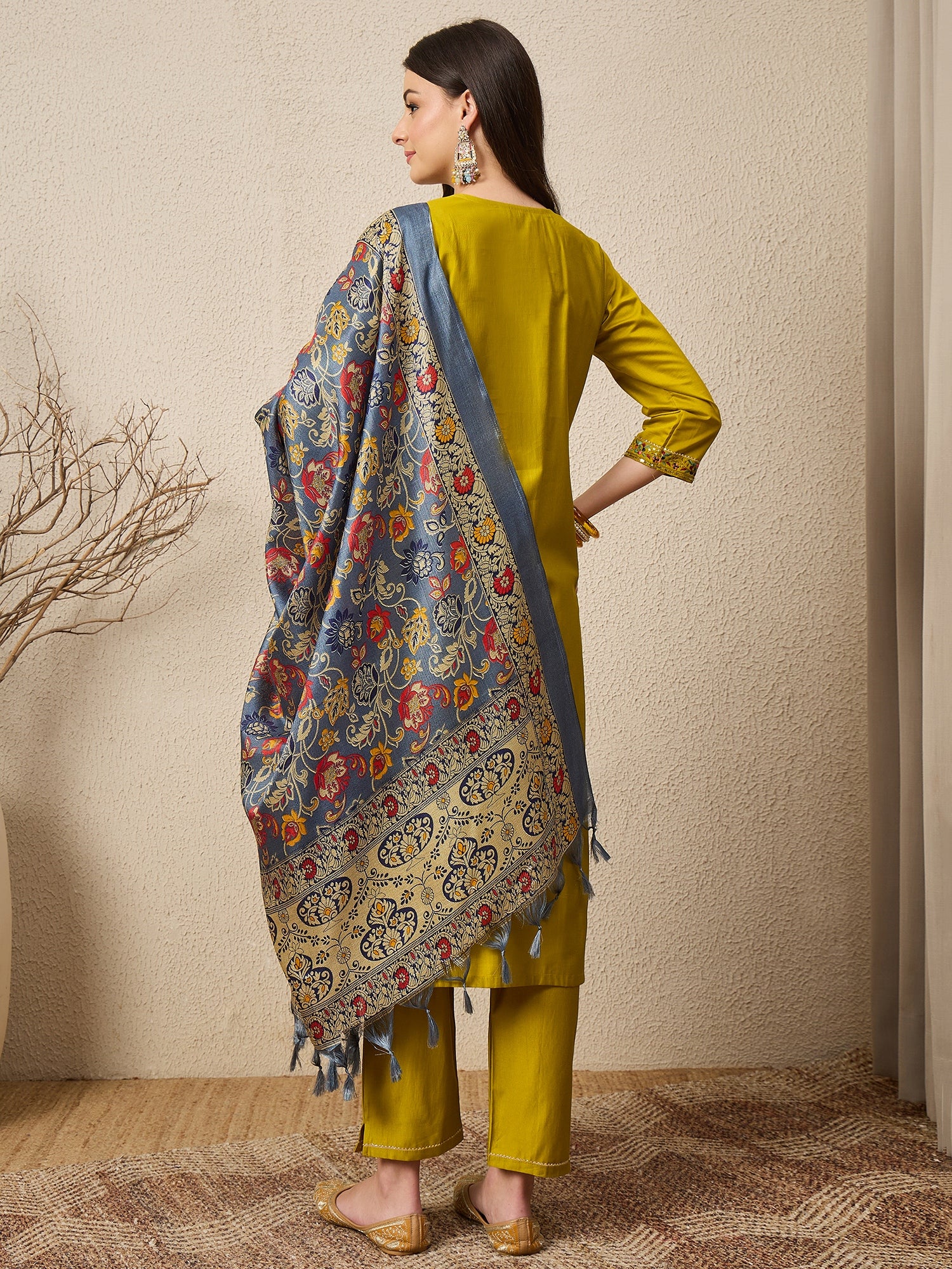 Satrangi Lemon Embroidered Viscose Rayon Straight Suit Set