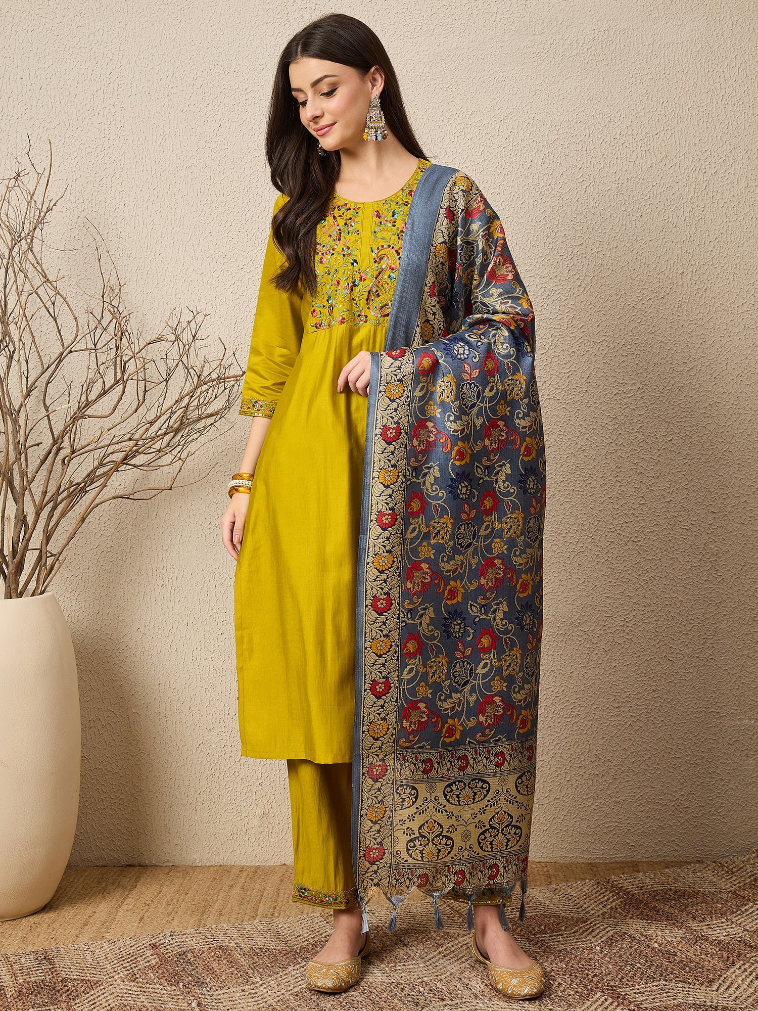 Satrangi Lemon Embroidered Viscose Rayon Straight Suit Set
