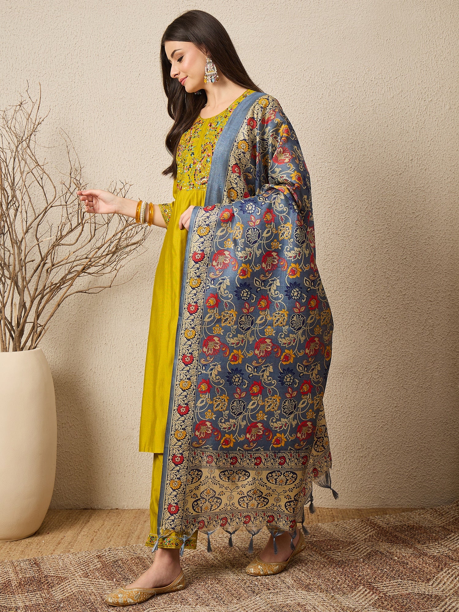 Satrangi Lemon Embroidered Viscose Rayon Straight Suit Set