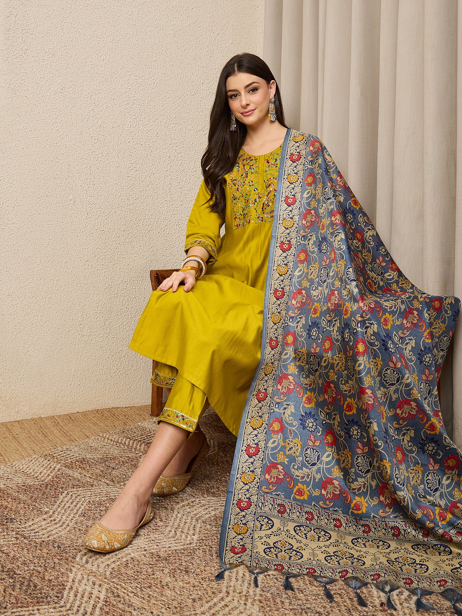 Satrangi Lemon Embroidered Viscose Rayon Straight Suit Set