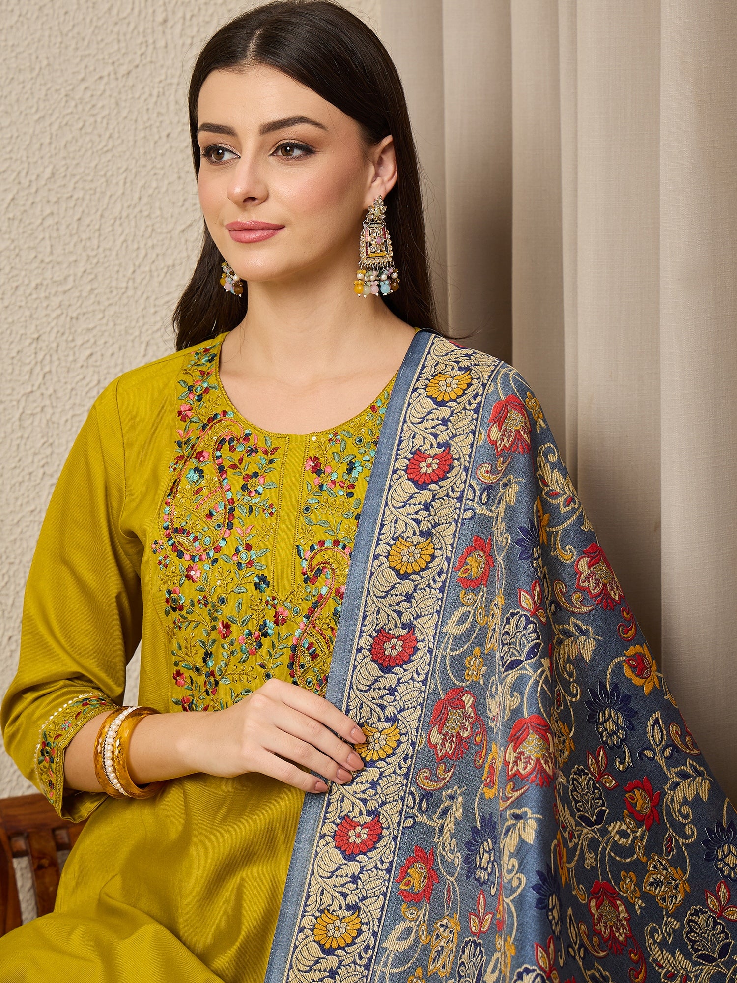 Satrangi Lemon Embroidered Viscose Rayon Straight Suit Set