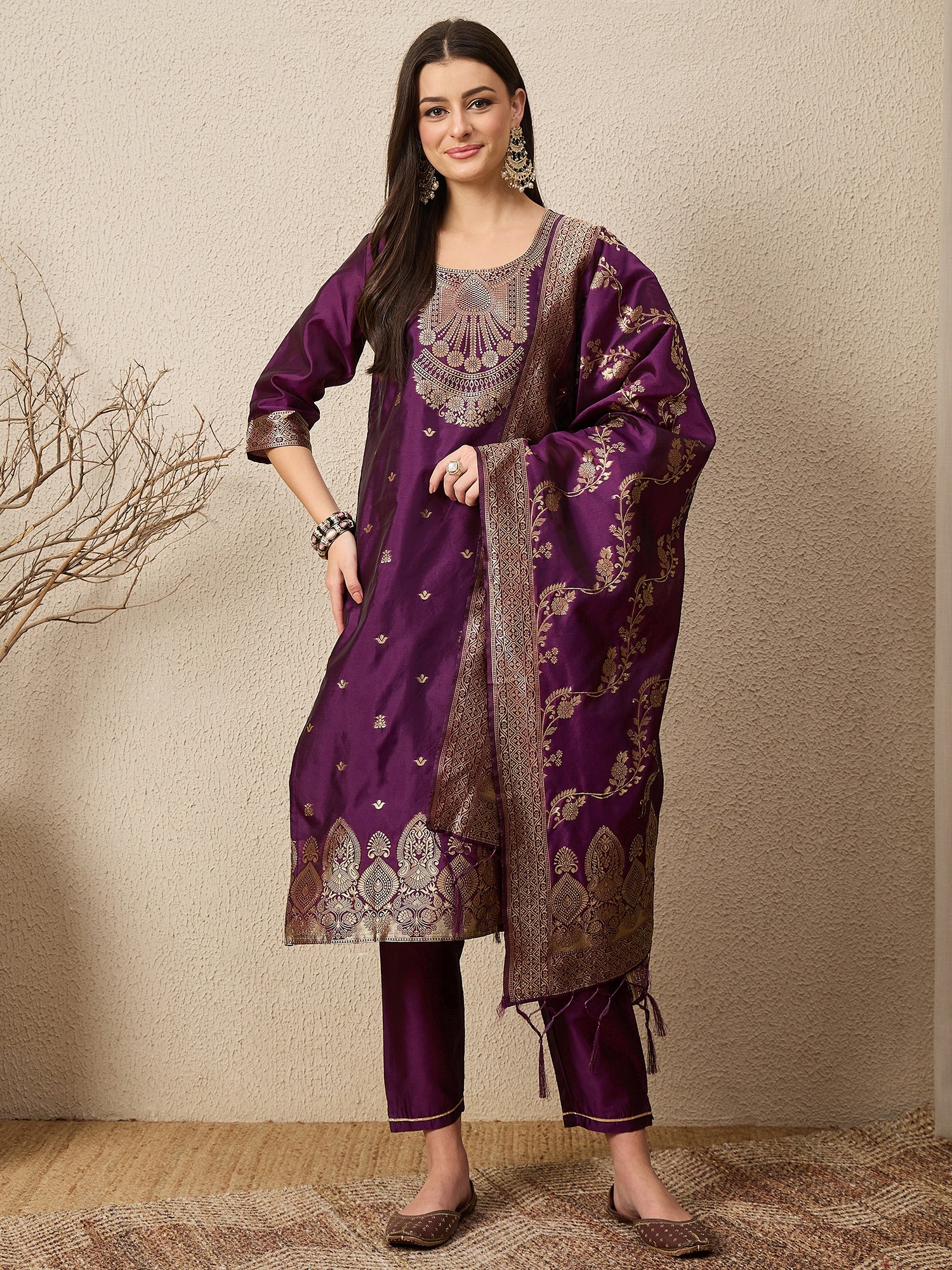 Malika Premium Kurta Set with Bottom and Dupatta Zari Work Comfortable Stylish