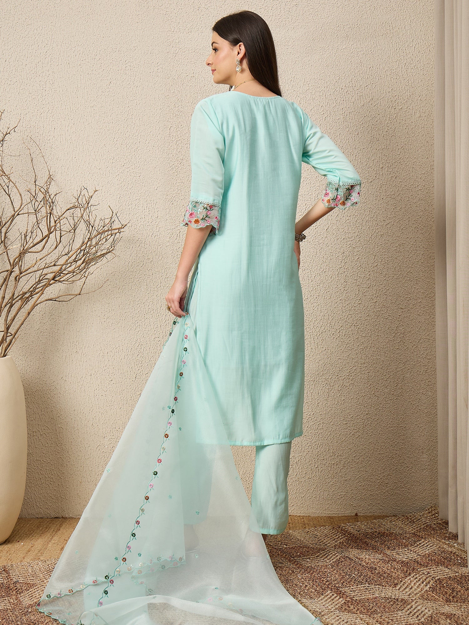 Rajvadi Sea-green Women Silk Blend Kurta and Trousers Pant Set