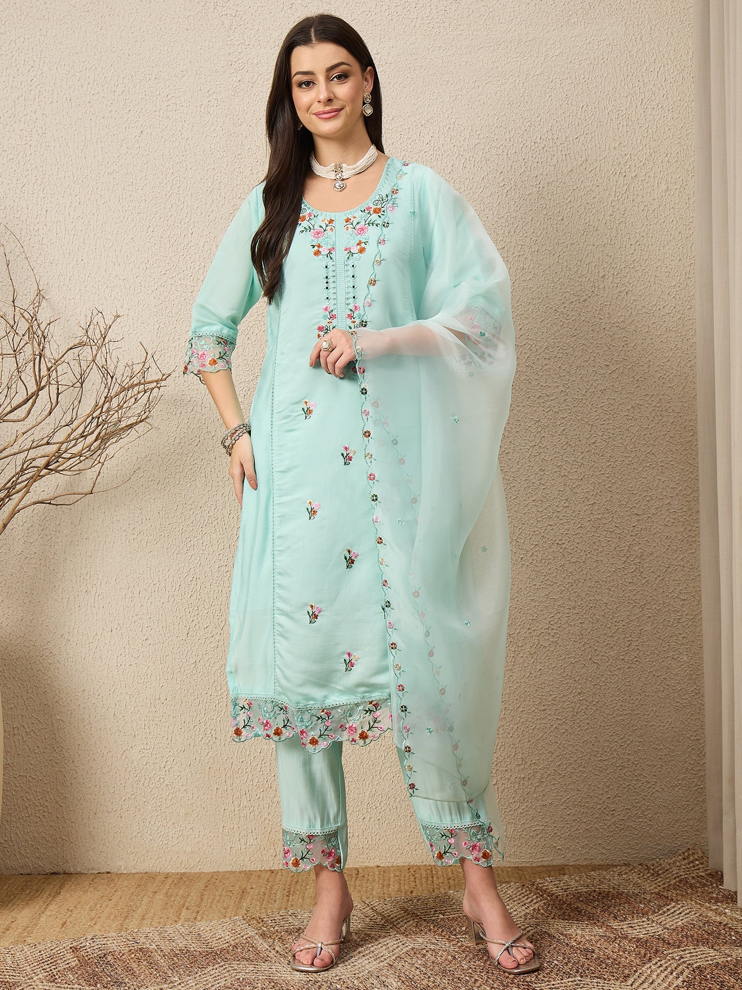 Rajvadi Sea-green Women Silk Blend Kurta and Trousers Pant Set