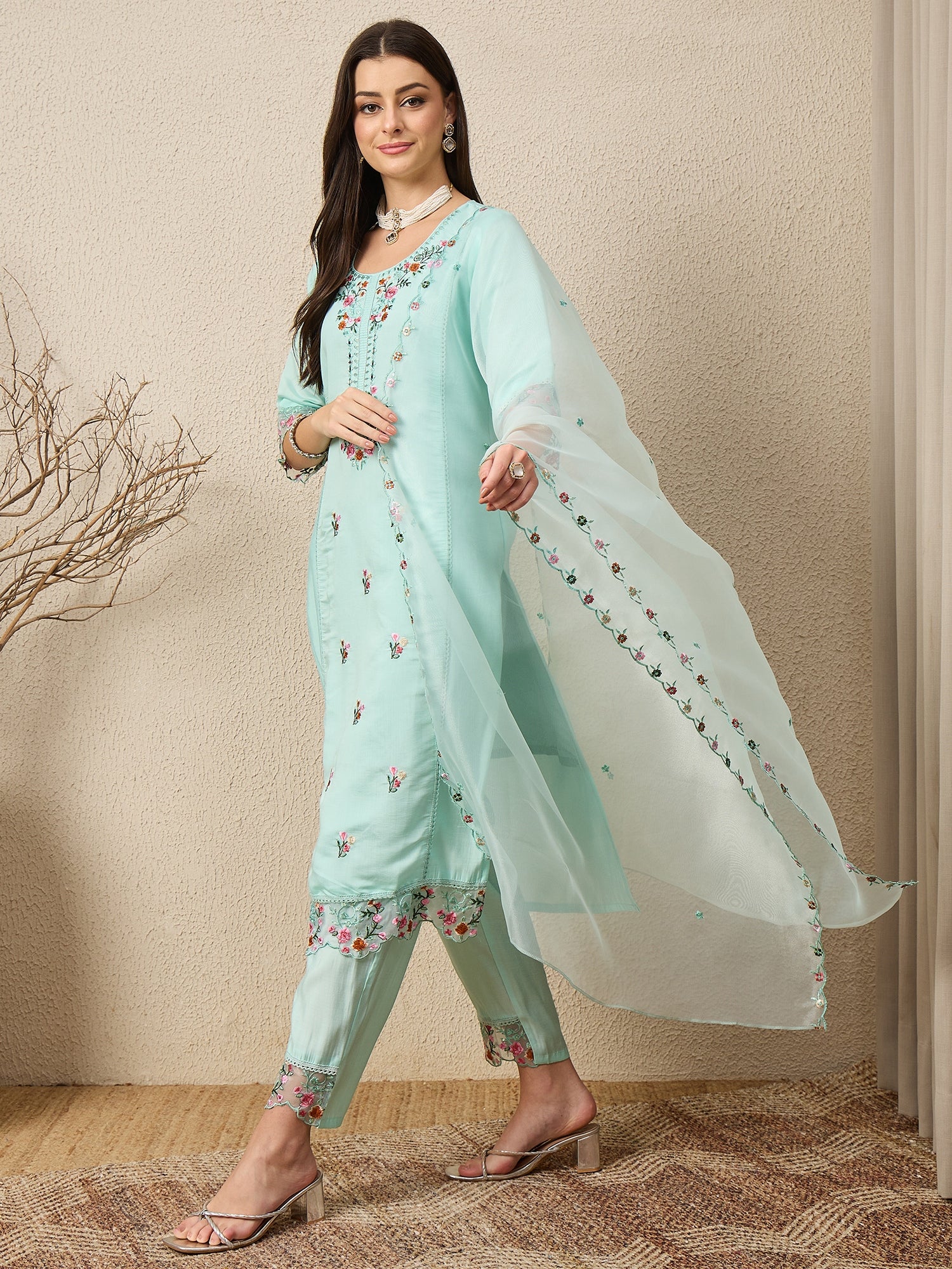 Rajvadi Sea-green Women Silk Blend Kurta and Trousers Pant Set