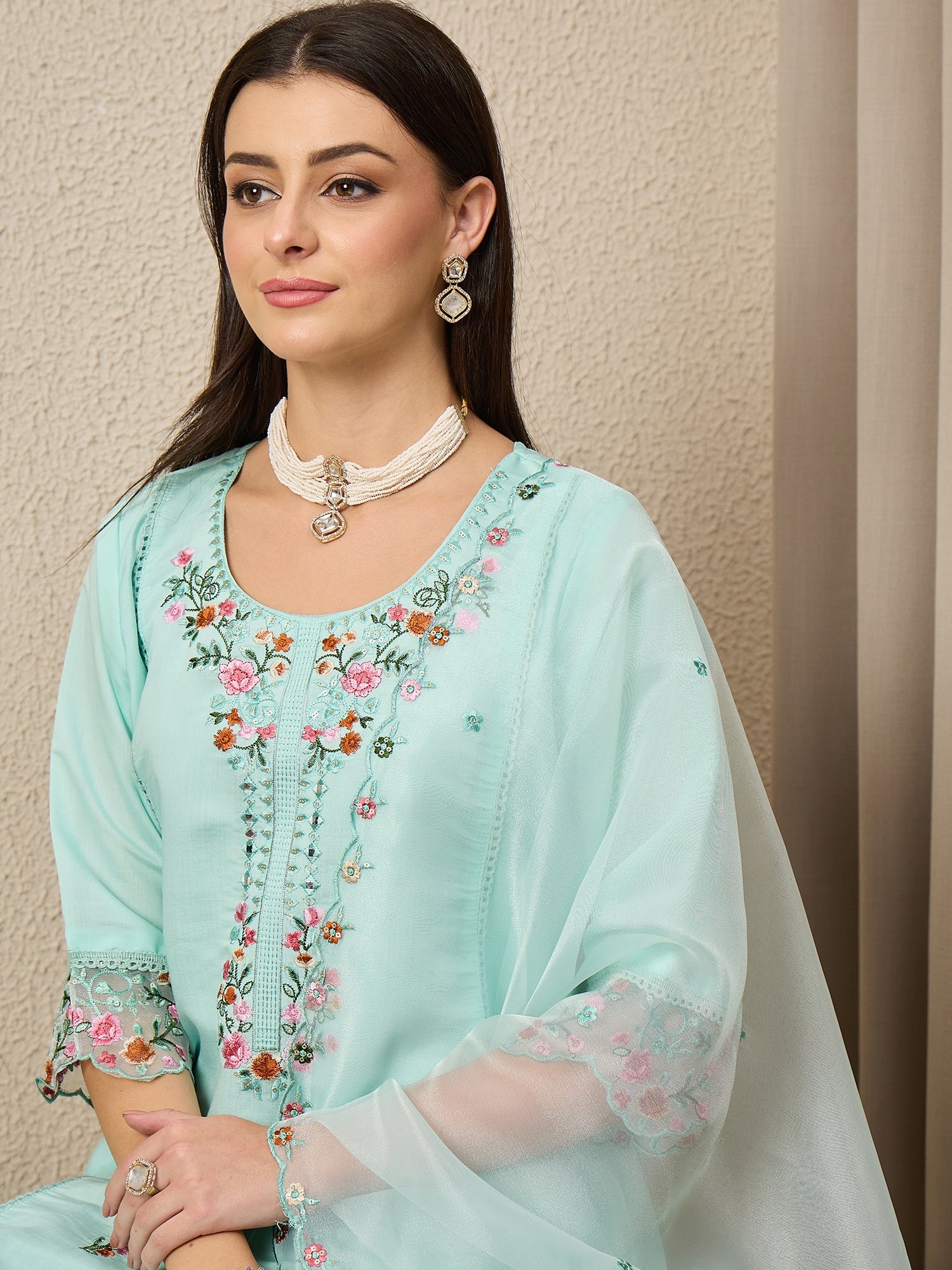 Rajvadi Sea-green Women Silk Blend Kurta and Trousers Pant Set