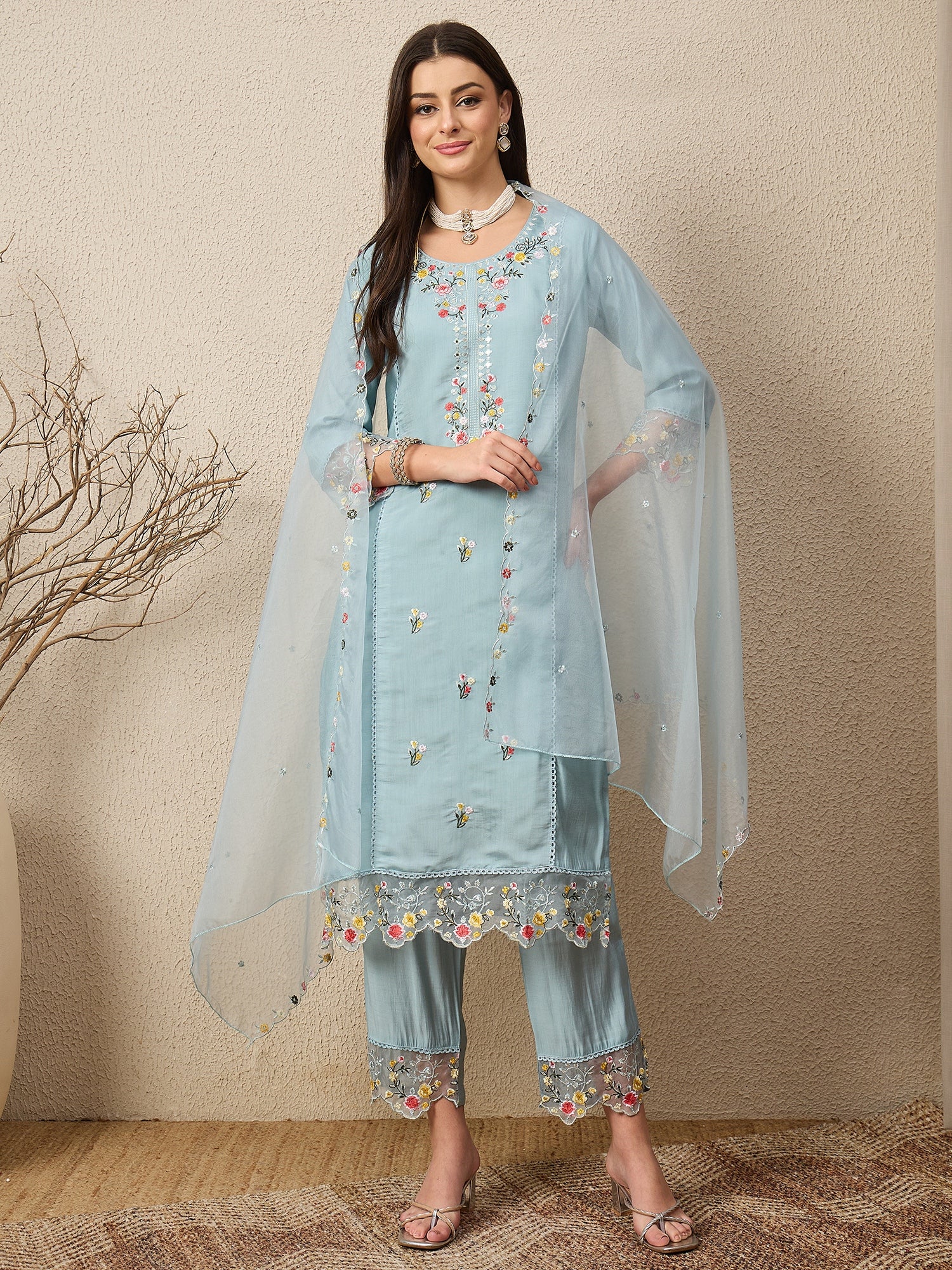 Noor-e-Nazaara Sky Women Silk Blend Kurta and Trousers Pant Set