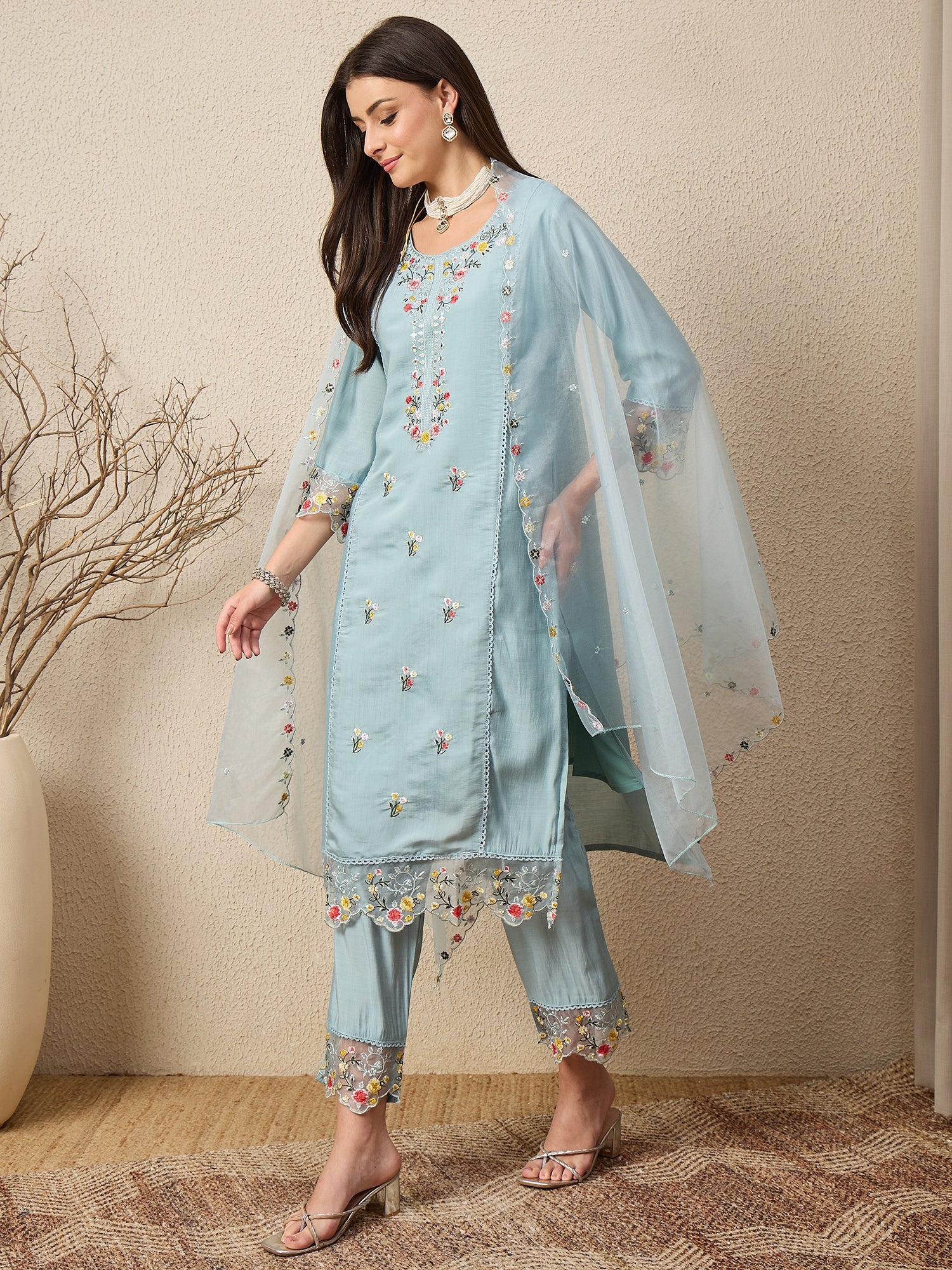 Noor-e-Nazaara Sky Women Silk Blend Kurta and Trousers Pant Set